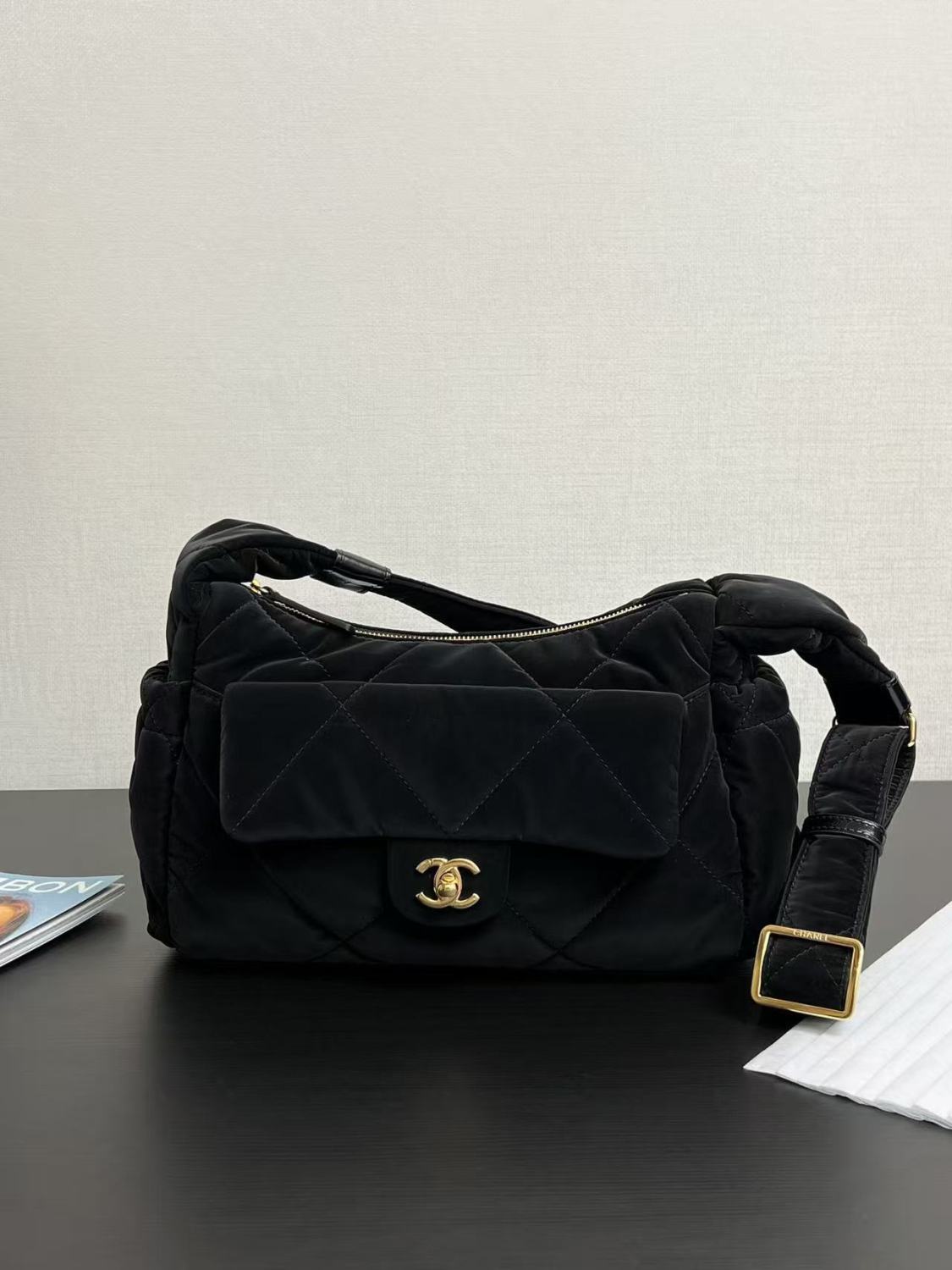Chanel Large Bowling Bag With Velvet Effect Nylon And Gold Metal Logo Women's And Men's Fashionable Fall/winter Black Crossbody Bags #81986A