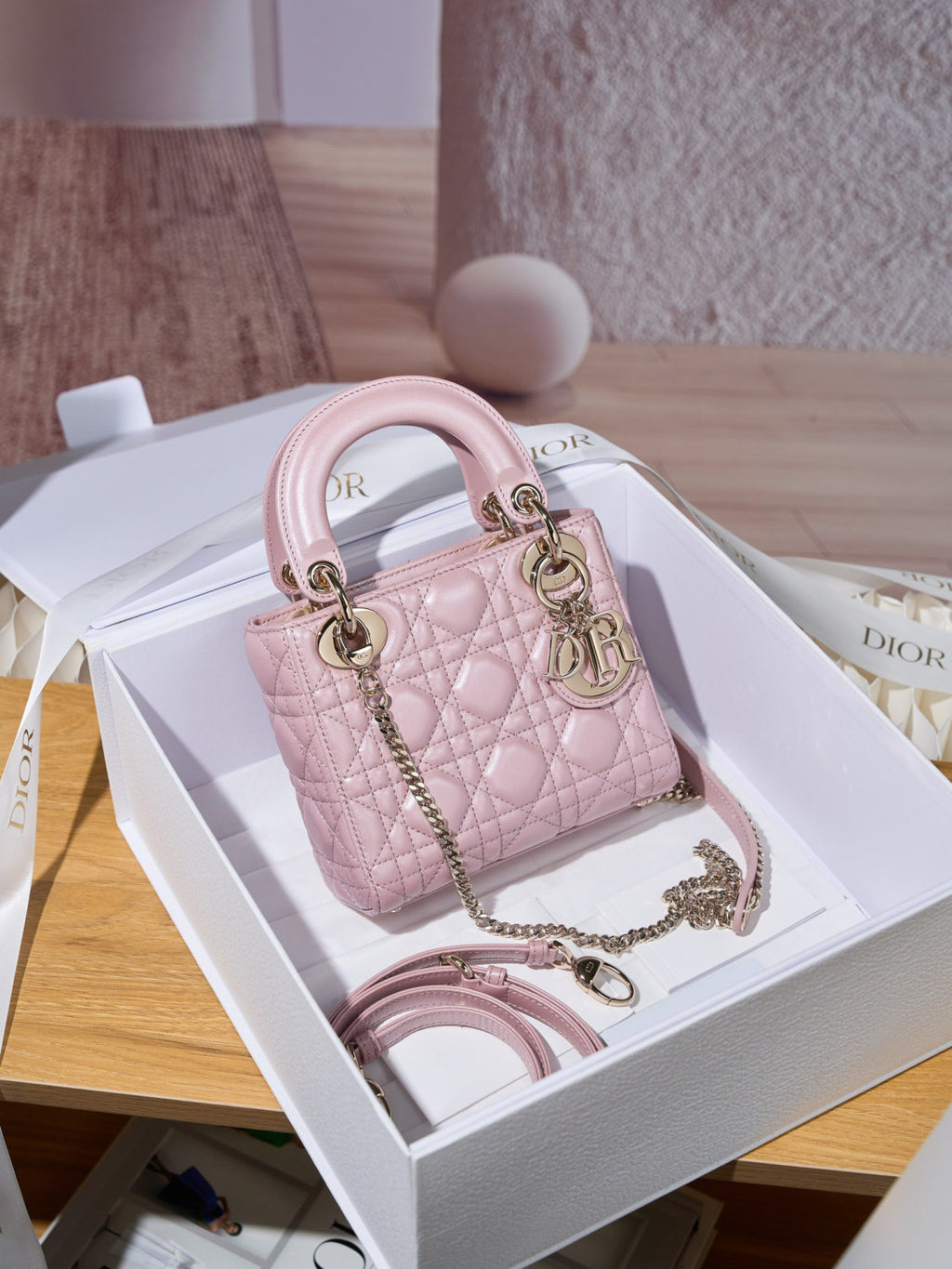 Dior Dior Lady Lambskin Cannage Quilted Metal Pendant Mini Bag #333088