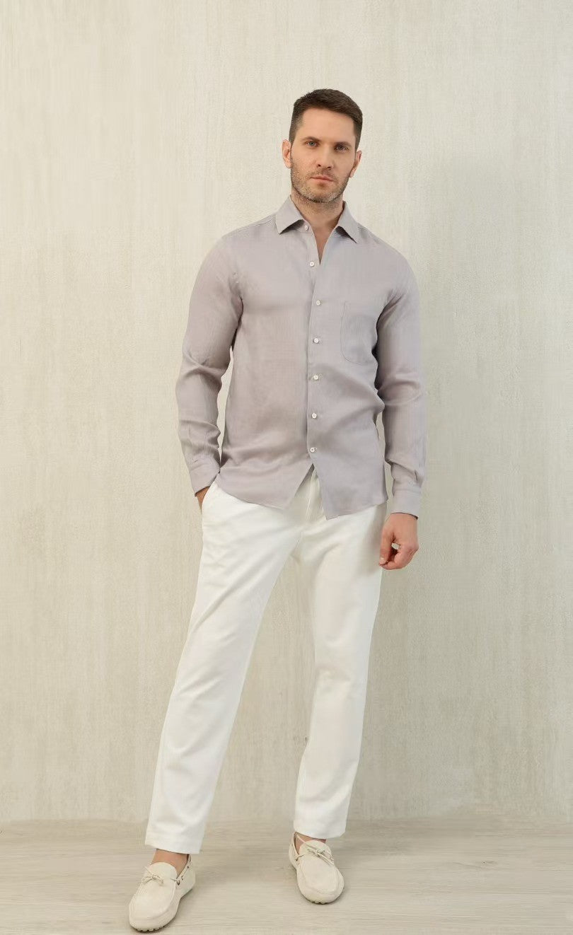 Loro Piana Men's Spring And Summer Solid Color André Shirt Lapel Single-breasted Linen Shirt Ngvp #7962