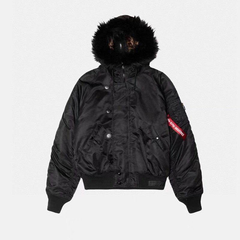 Stussy Men's And Women's Fall And Winter Fashion Leopard Lining Hooded Fur Collar Short Jacket Thickened Coat Ngvp #7654