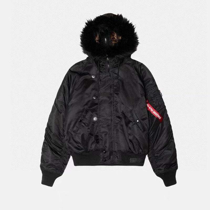 Stussy Men's And Women's Fall And Winter Fashion Leopard Lining Hooded Fur Collar Short Jacket Thickened Coat Ngvp #7654