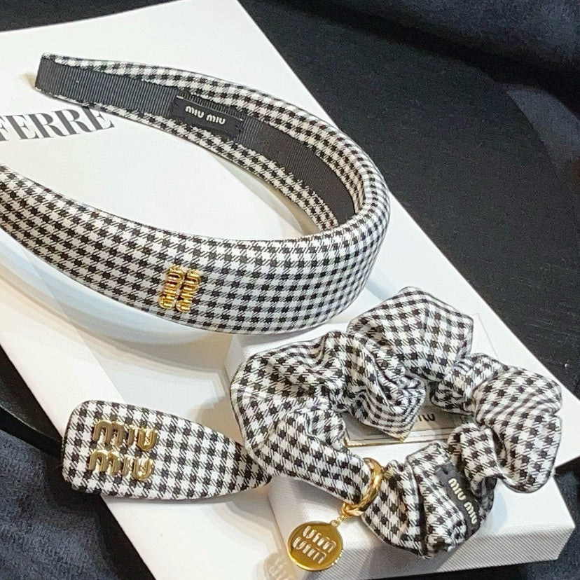 MiuMiu Women's Black and White Checkered Printed Hair Bands Headbands Hair Bands Hair Clips Jewelry #75549