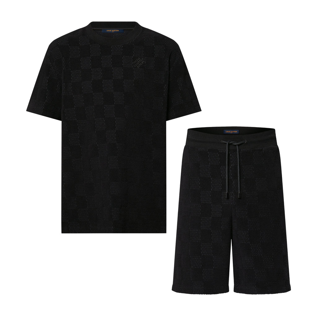 Louis Vuitton Men's Summer Black Embroidered Logo Printed Cotton Short Sleeve T-Shirt Casual Shorts Set Suit #73129