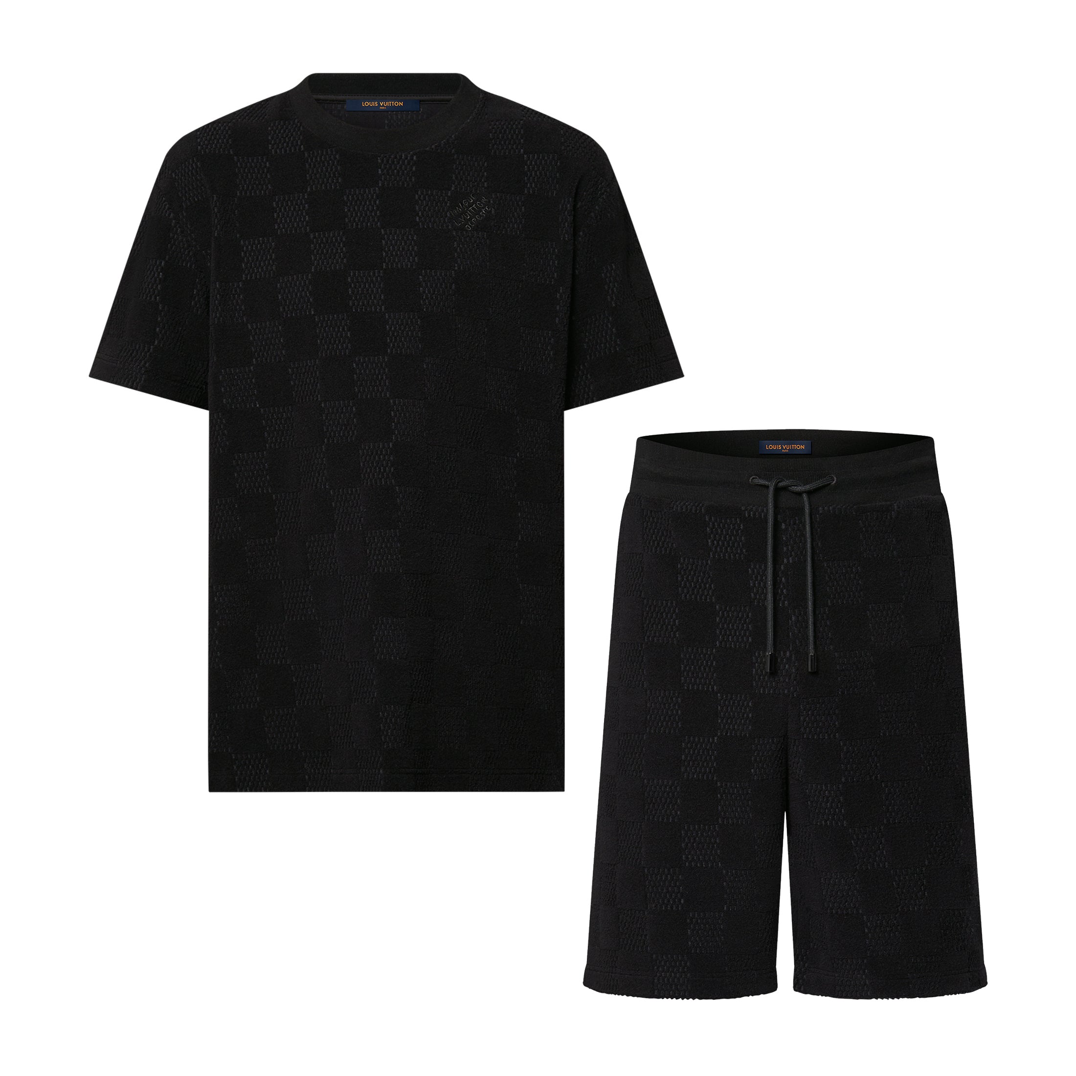 Louis Vuitton Men's Summer Black Embroidered Logo Printed Cotton Short Sleeve T-Shirt Casual Shorts Set Suit #76435