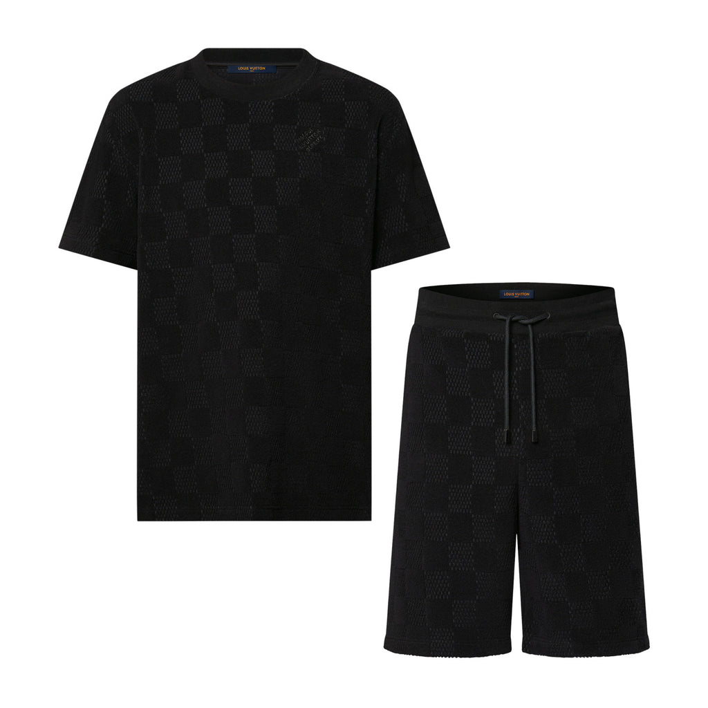 Louis Vuitton Men's Summer Black Embroidered Logo Printed Cotton Short Sleeve T-Shirt Casual Shorts Set Suit #76435
