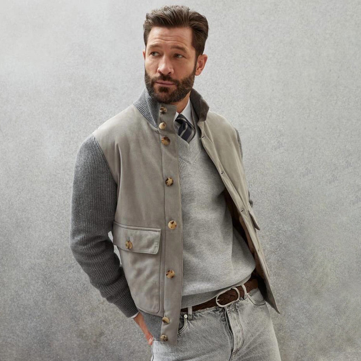 Brunello Cucinelli Men's Fall And Winter Suede Wool Knit Patchwork Jacket Single-breasted Fashion Casual Gentleman Jacket Ngvp #9113