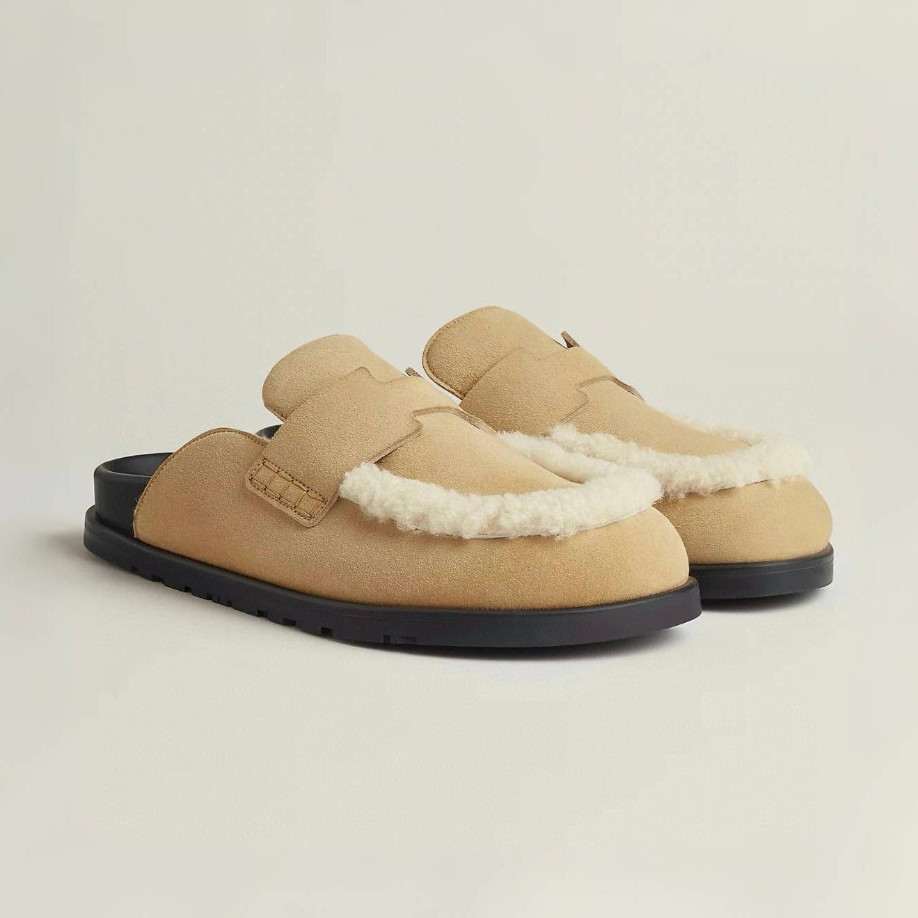 Hermes Men's Spring And Summer Solid Color Calfskin Round Head Flat Bottom Baotou Birkenstock Slippers Shoes #75495