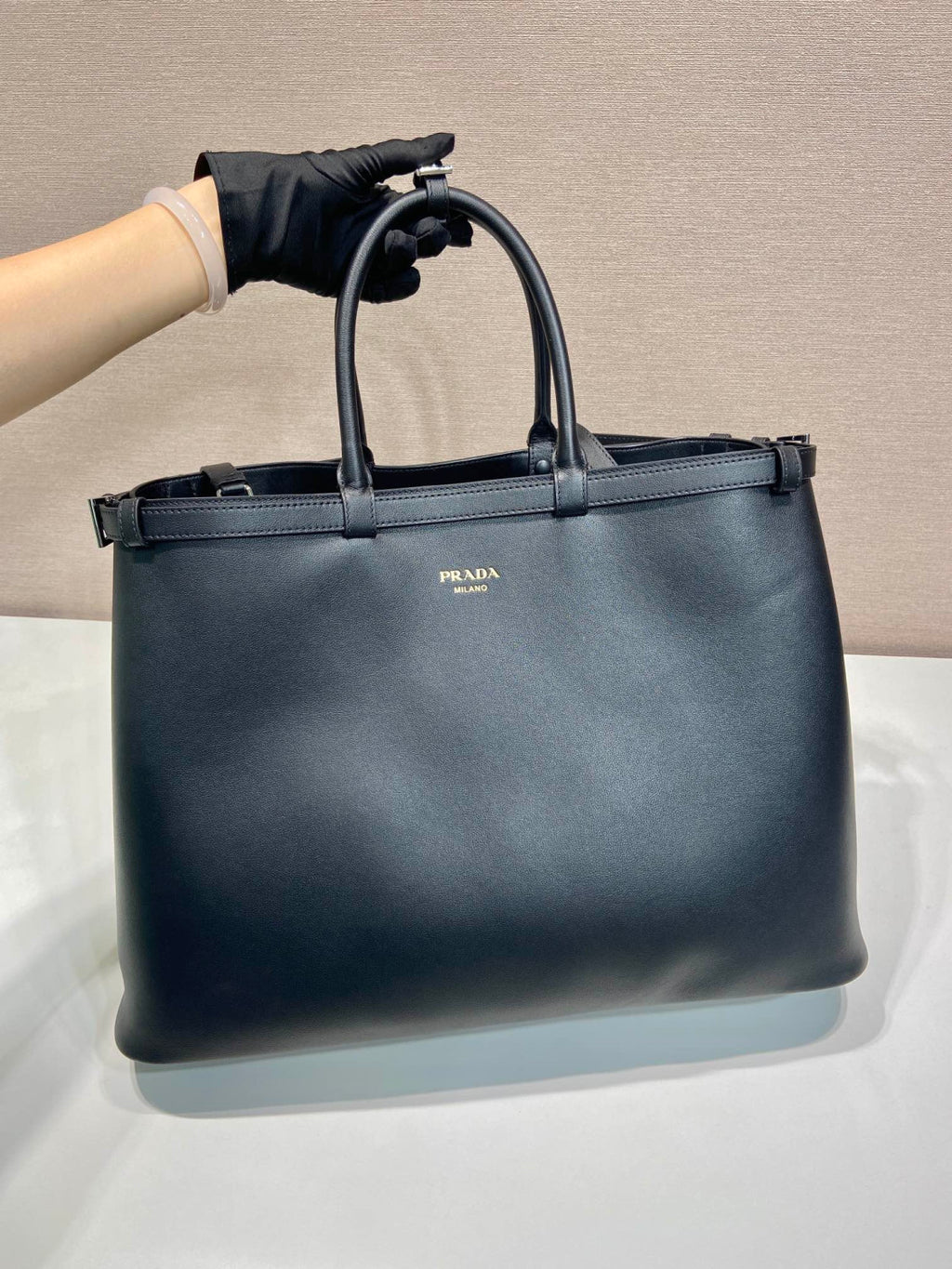 PRADA Black Prada Buckle Leather Bag With Belt #334235