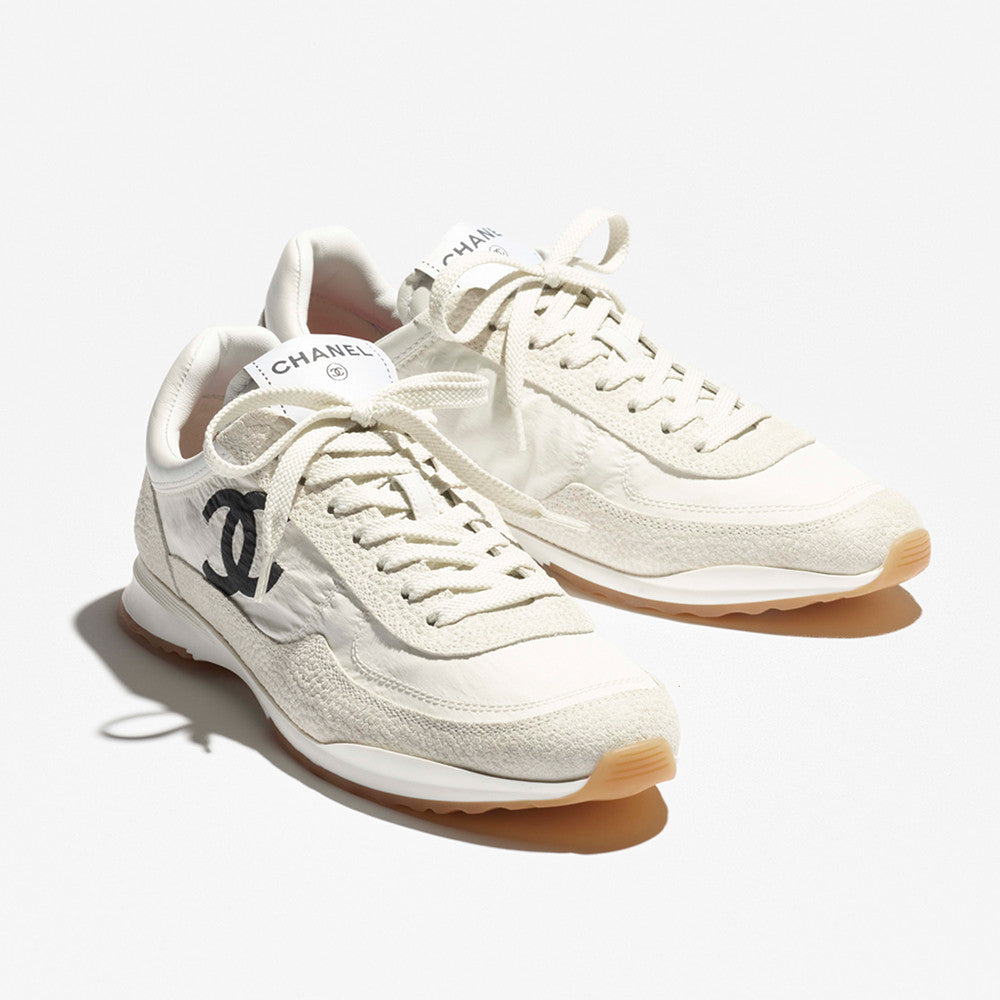 CHANEL Trainers Fabric Embossed Suede Calfskin White Black #381215