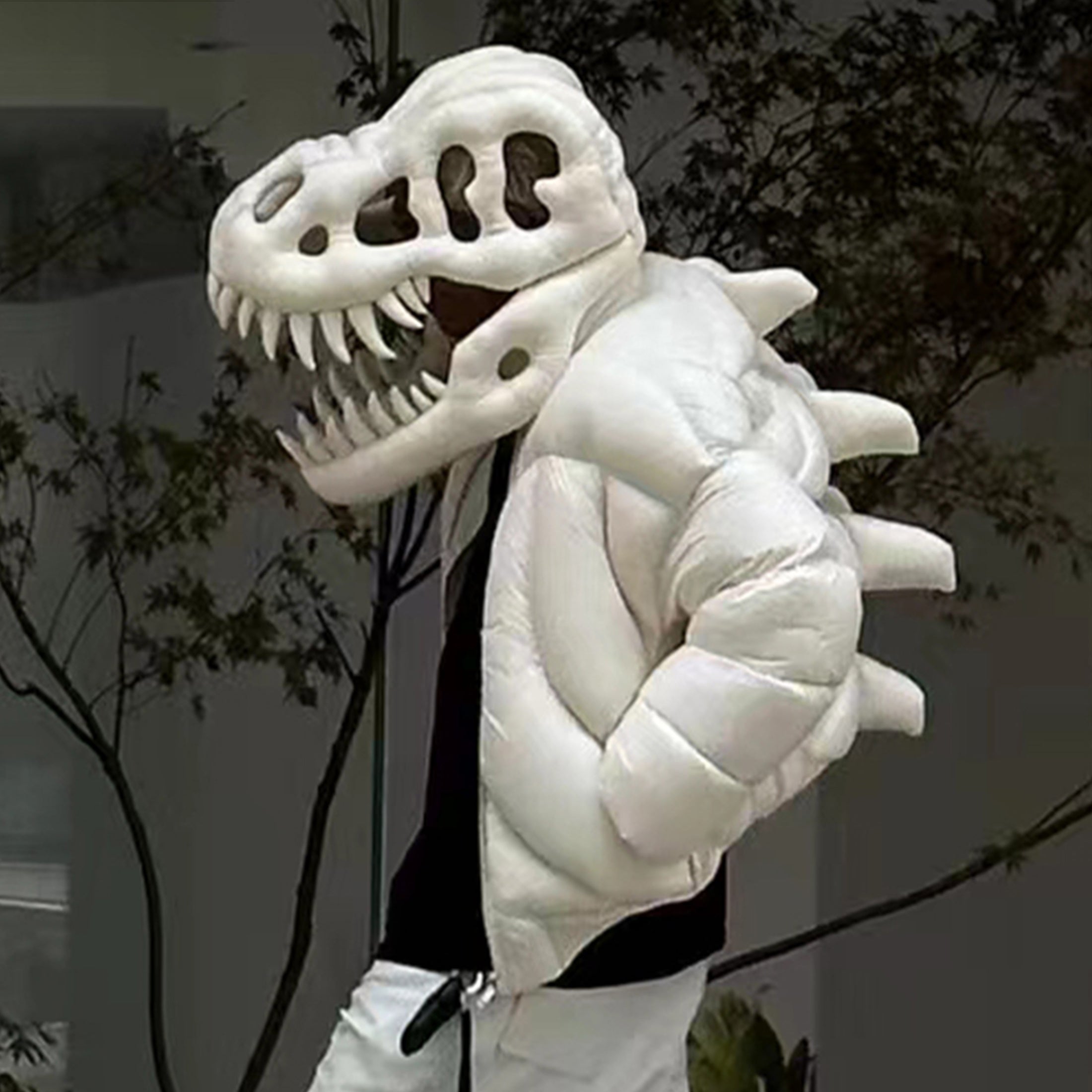 Rick Owens Men's And Women's Fall And Winter Dinosaur Down Jacket White Handmade Customized Tyrannosaurus Rex Design Ski Suit Thickened White Duck Down Ngvp #8862