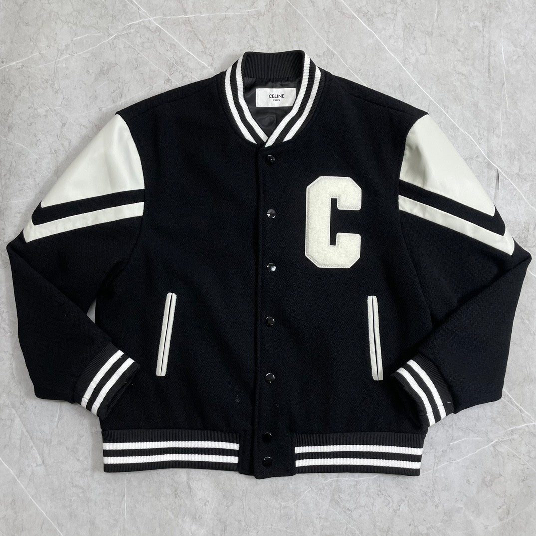 Celine Men's Spring And Autumn Jackson Textured Wool Baseball Patchwork Leather Single Breasted Long Sleeve Jacket Ngvp #1249