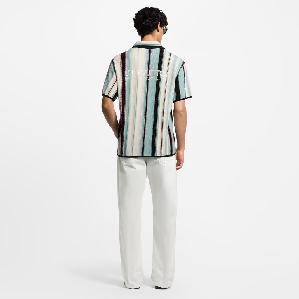 Louis Vuitton Men's Summer Embroidered Logo Stripe Crochet Single Breasted Short Sleeve Shirt Casual Lace Up Shorts Suit Set #81258