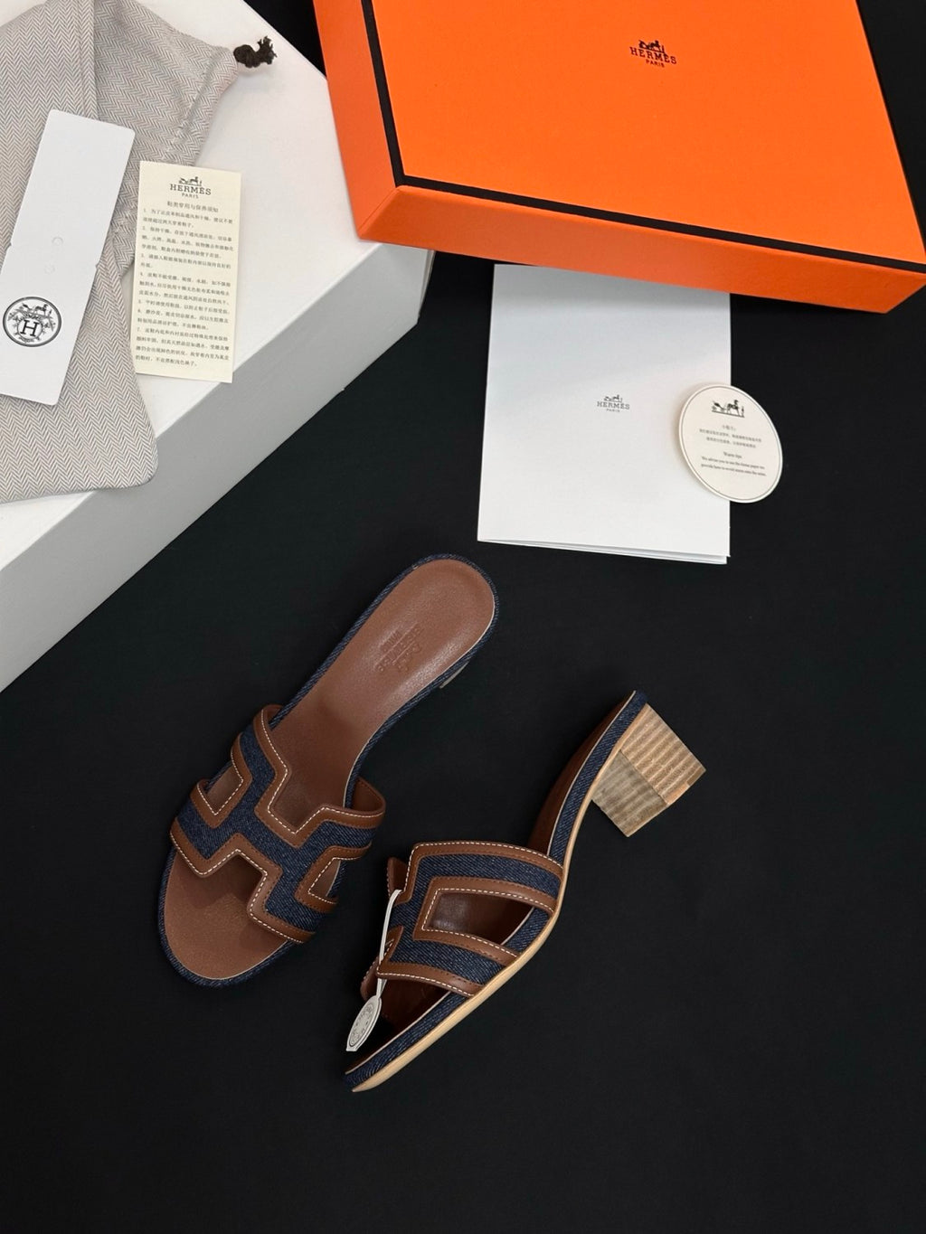 Hermès High-heeled Denim Patchwork Slippers #385101