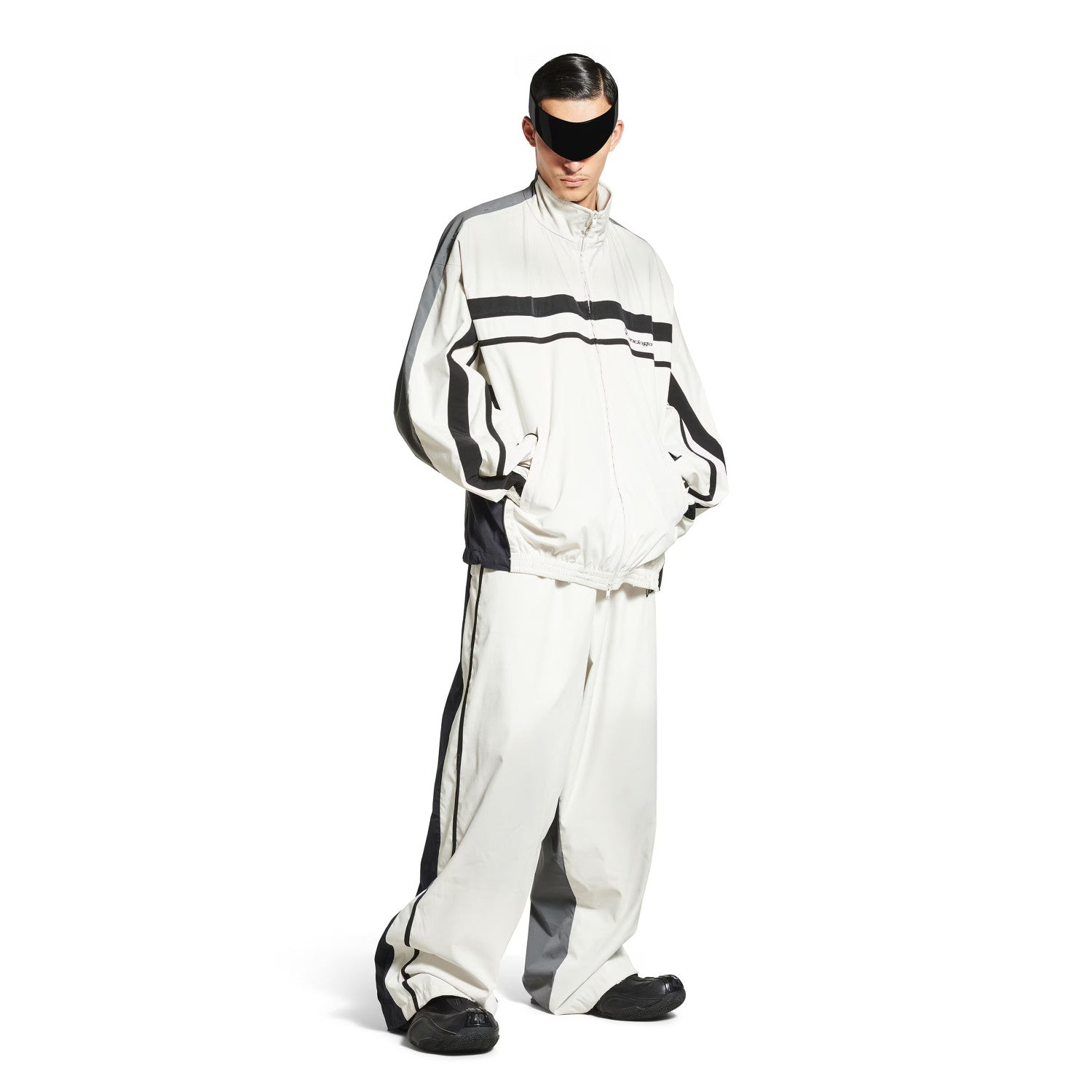 Balenciaga Men's Faded Black 50/50 Tracksuit Jacket Spring/Fall Zipper Long-Sleeve Outerwear Casual Patchwork Stretch Relaxed-Fit Sweatpants #81565