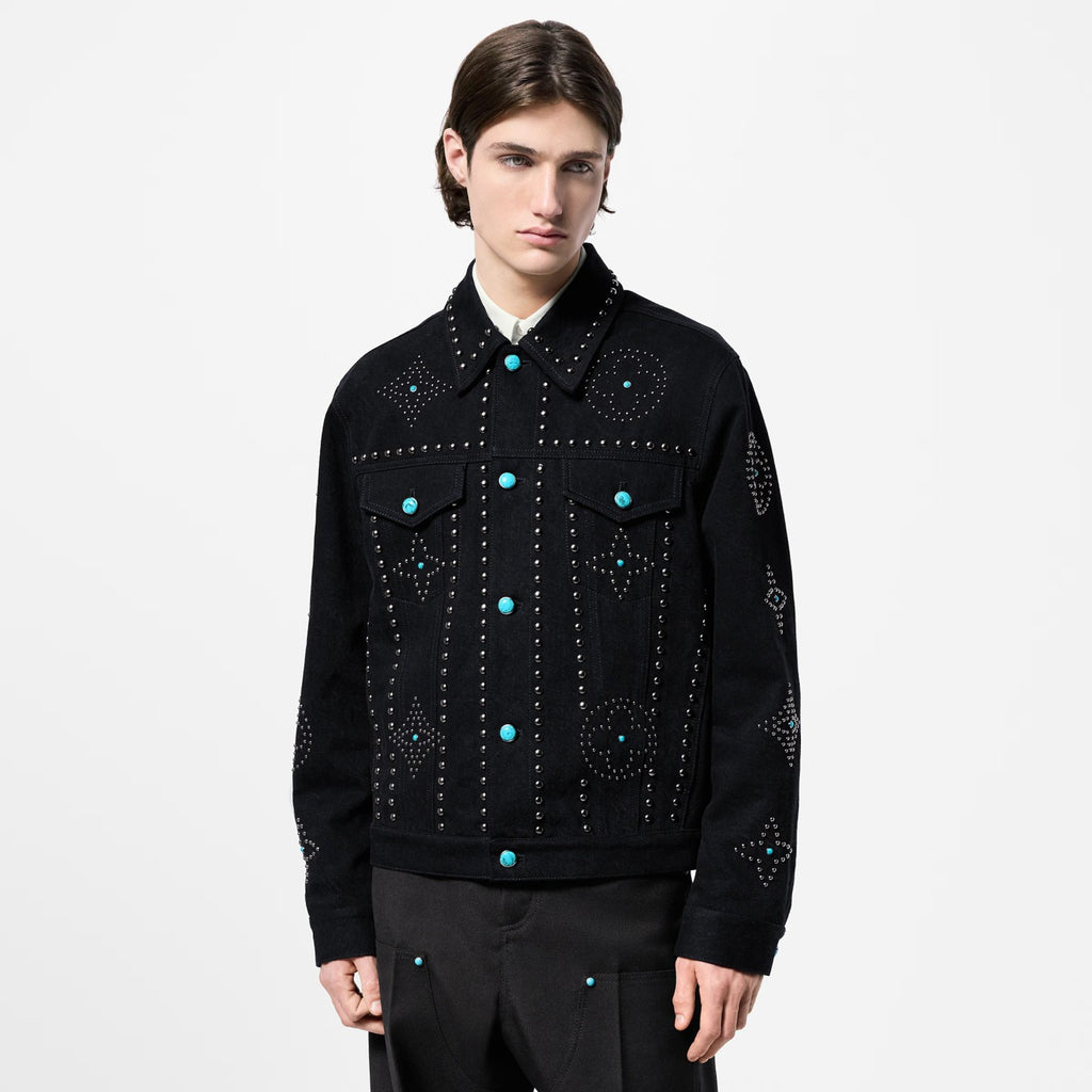 Louis Vuitton Men's Fall/Winter Black Logo Pattern Embroidery Lapel Long Sleeve Denim Jacket #73291
