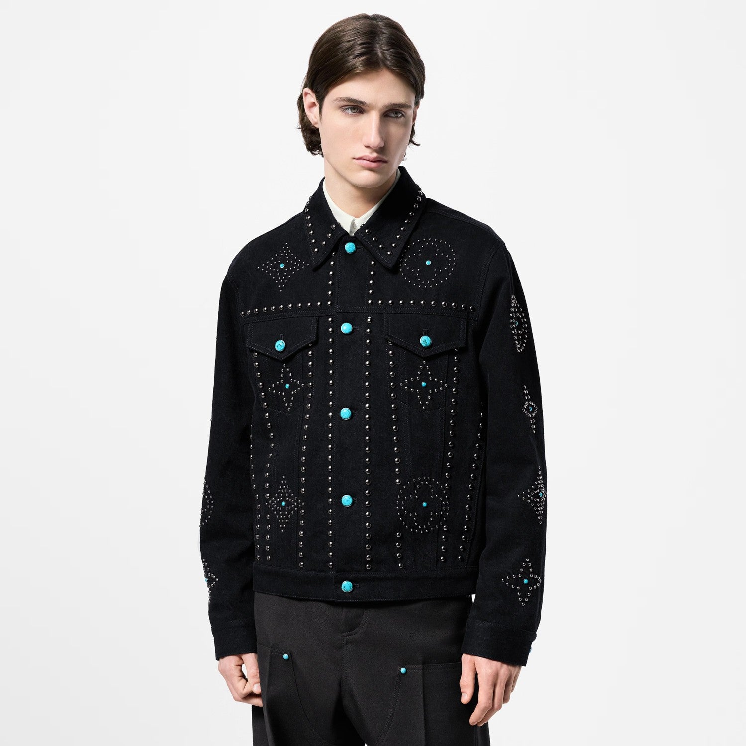 Louis Vuitton Men's Fall/Winter Black Logo Pattern Embroidery Lapel Long Sleeve Denim Jacket #73291