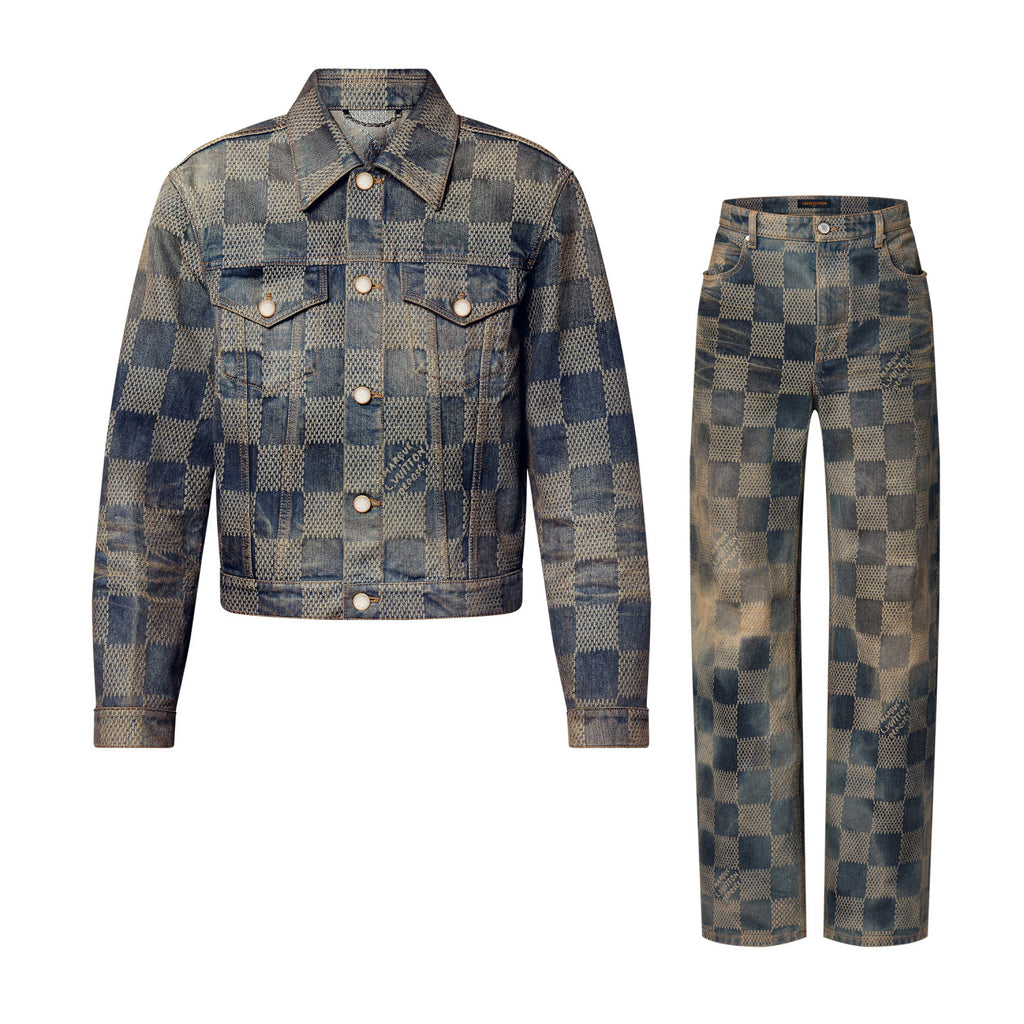 Louis Vuitton Men's Spring And Fall Logo Jacquard Checkerboard Pattern Pocket Single Breasted Denim Jacket Pants Suit Set #72956
