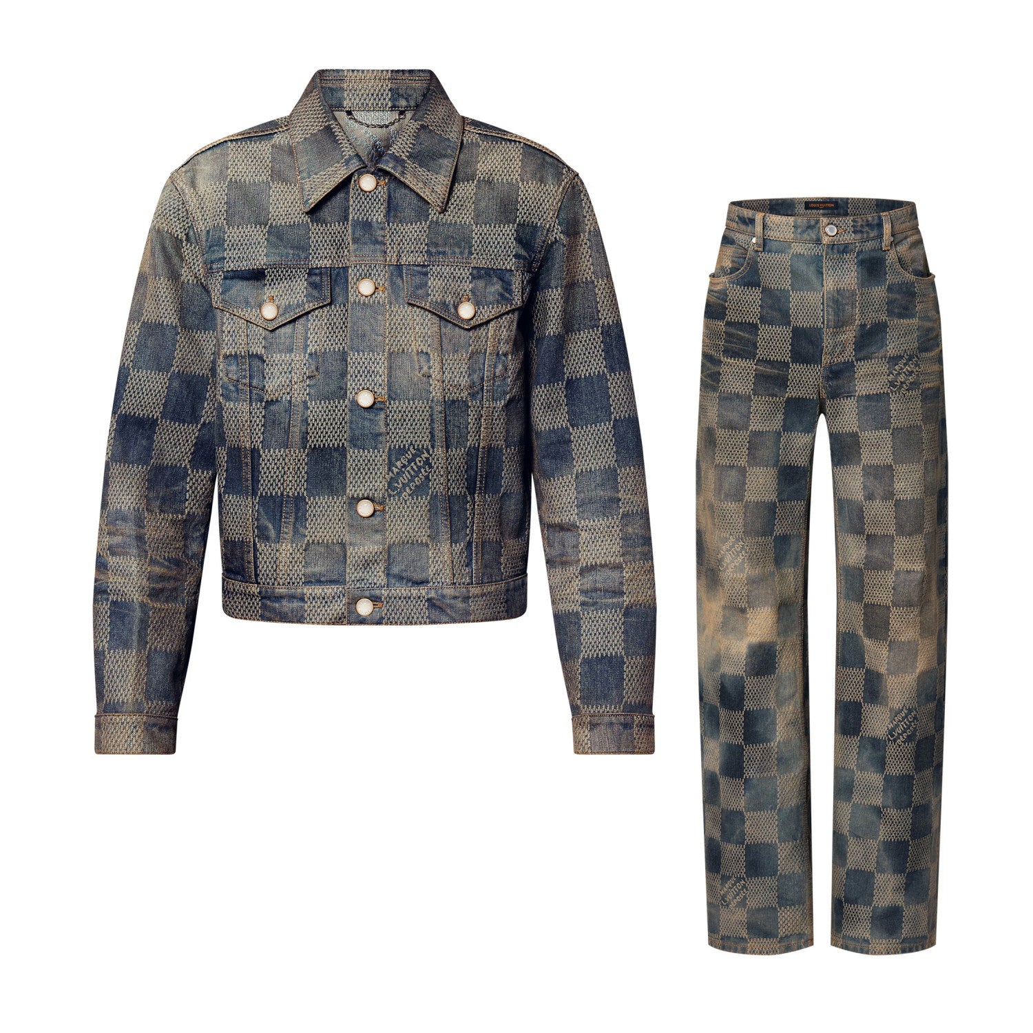 Louis Vuitton Men's Spring And Fall Logo Jacquard Checkerboard Pattern Pocket Single Breasted Denim Jacket Pants Suit Set #72956