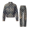 Louis Vuitton Men's Spring And Fall Logo Jacquard Checkerboard Pattern Pocket Single Breasted Denim Jacket Pants Suit Set #72956