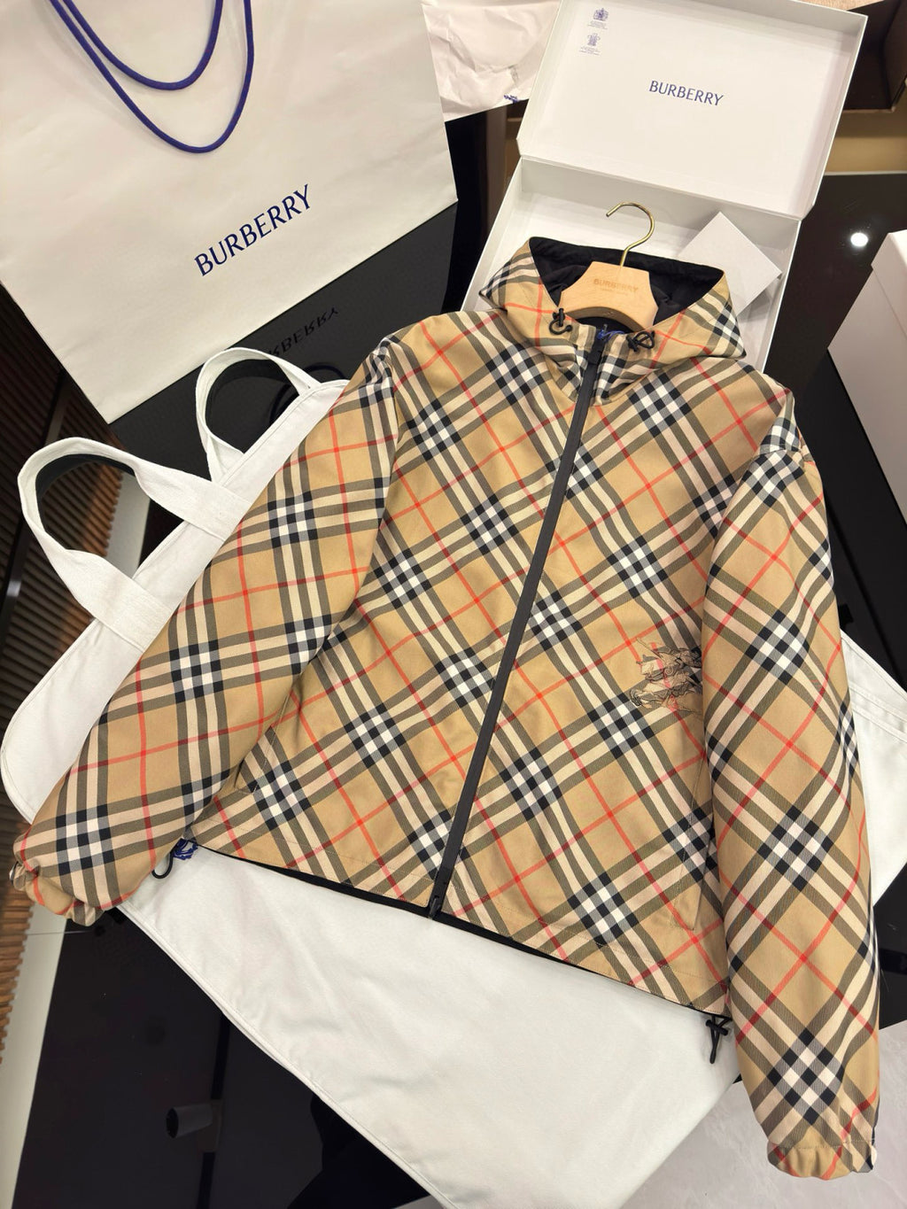 Burberry Men's Spring & Autumn Reversible Two Wear Plaid Jacket Equestrian Rider Logo Classic Drawstring Hooded Jacket #81224