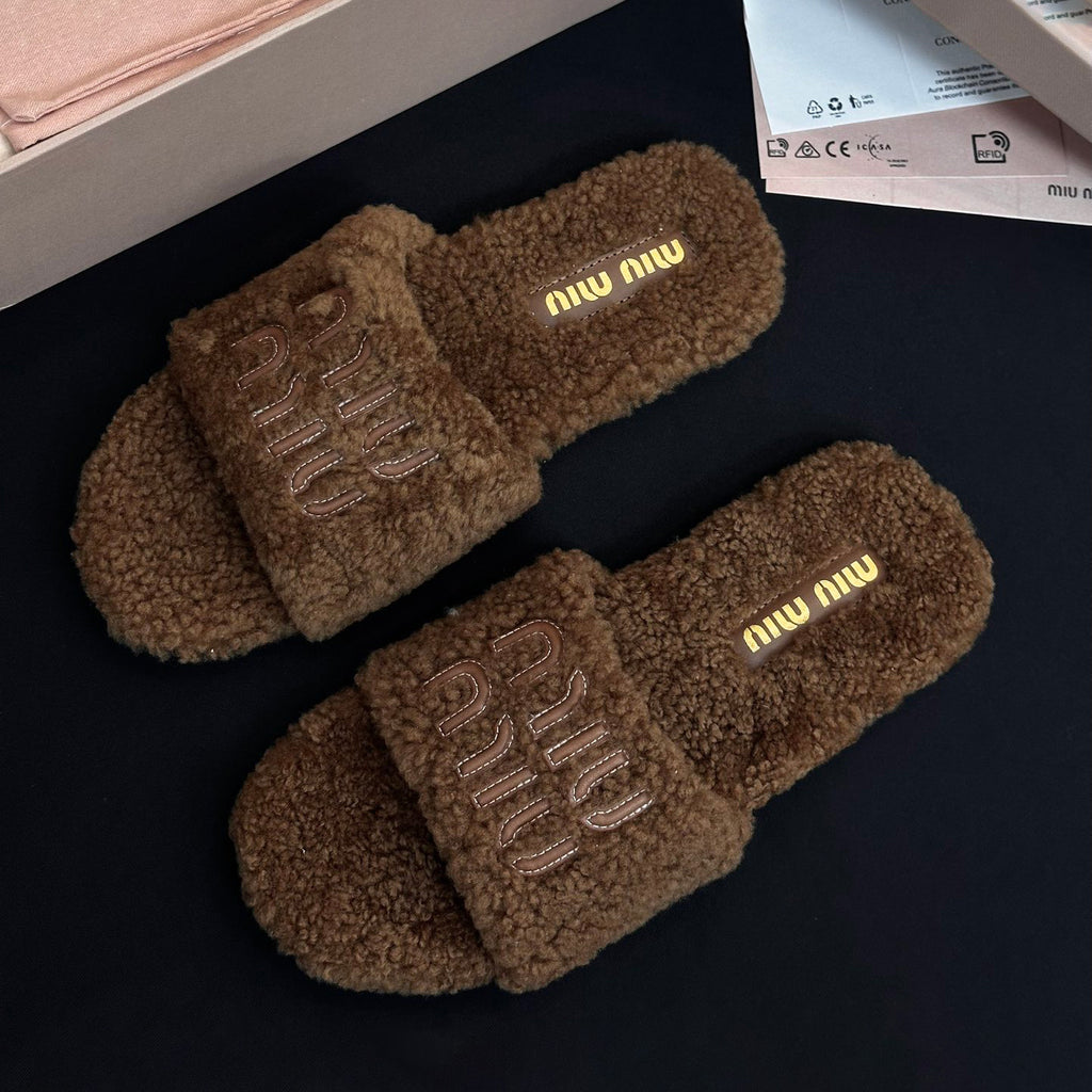 MiuMiu Women's Fall/winter Fashion Casual Round Toe Open Toe Flat Soled Shearling Slippers Shoes#78477