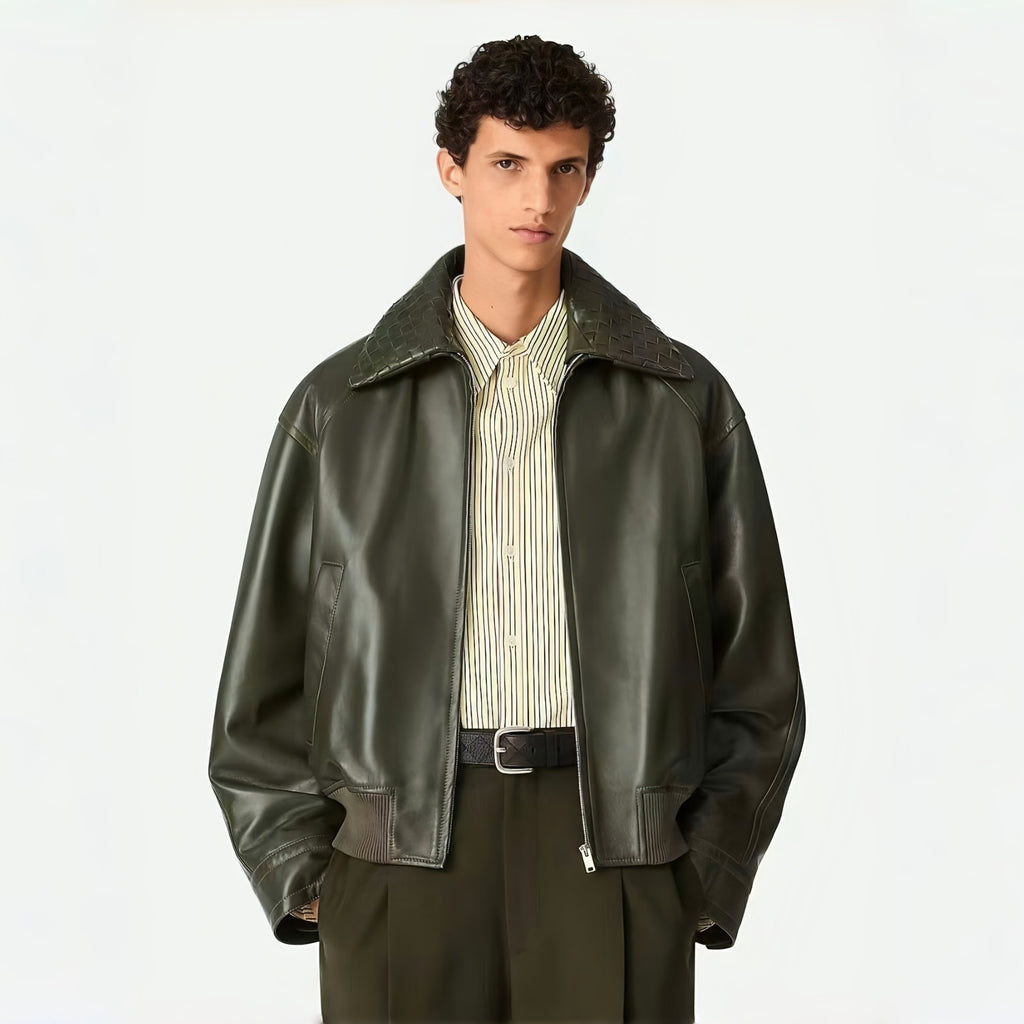 Bottega Veneta Men's Fall And Winter Woven Leather Collar Zipper Leather Jacket Business Casual Fashion Luxury Leather Jacket Coat Ngvp #2484