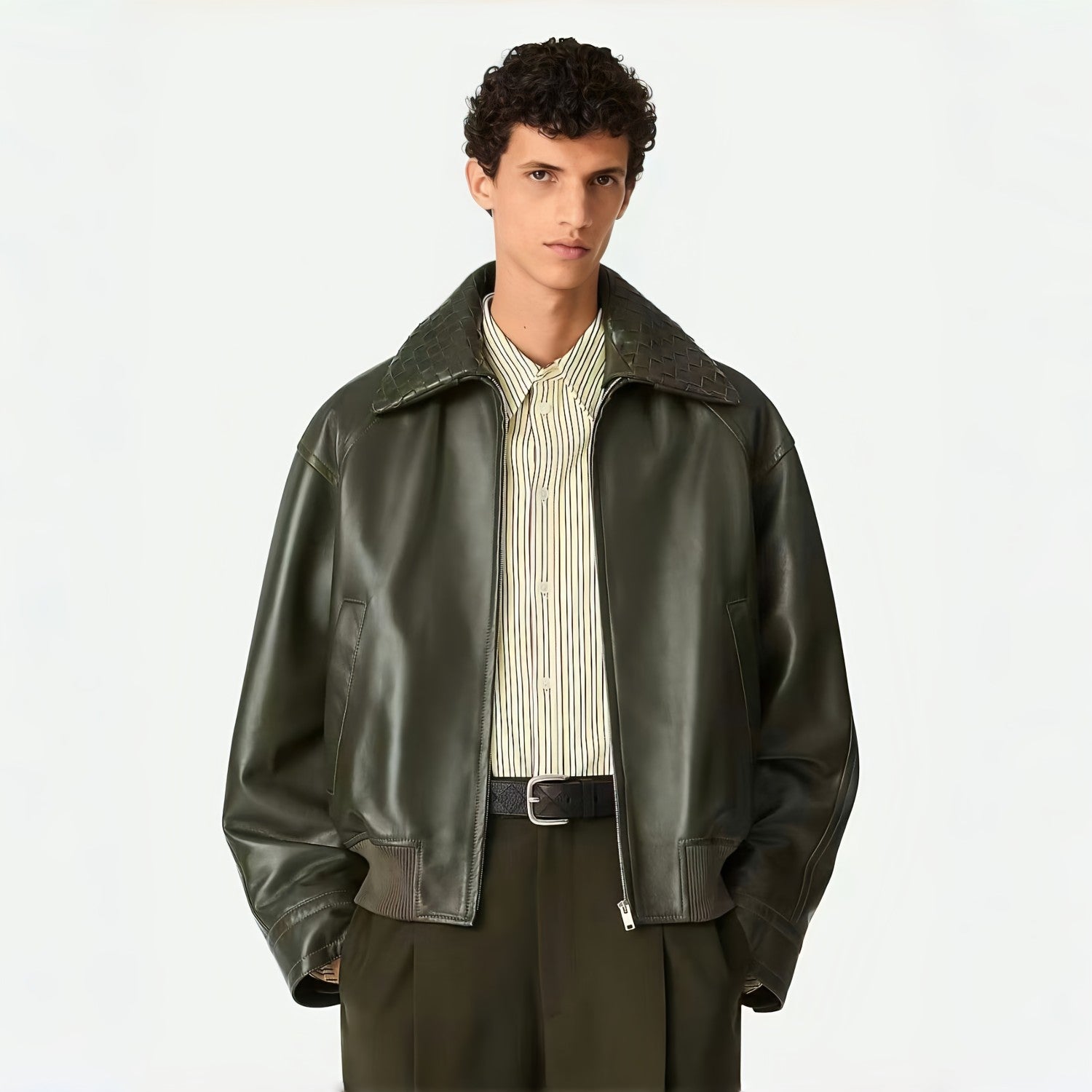Bottega Veneta Men's Fall And Winter Woven Leather Collar Zipper Leather Jacket Business Casual Fashion Luxury Leather Jacket Coat Ngvp #2484