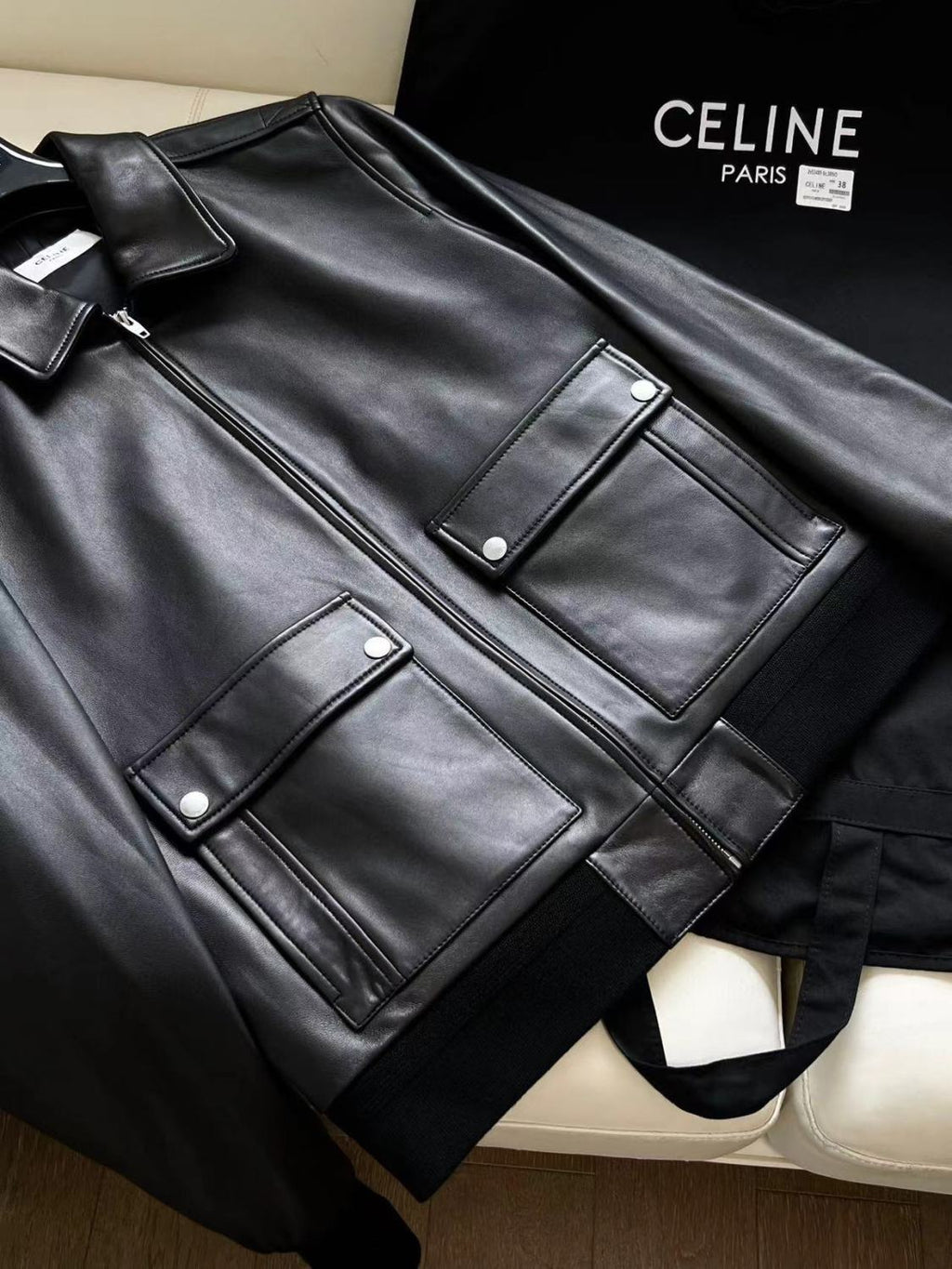 Celine Men's Fall And Winter Black Lambskin Lapel Zipper Long Sleeve Jacket #98456