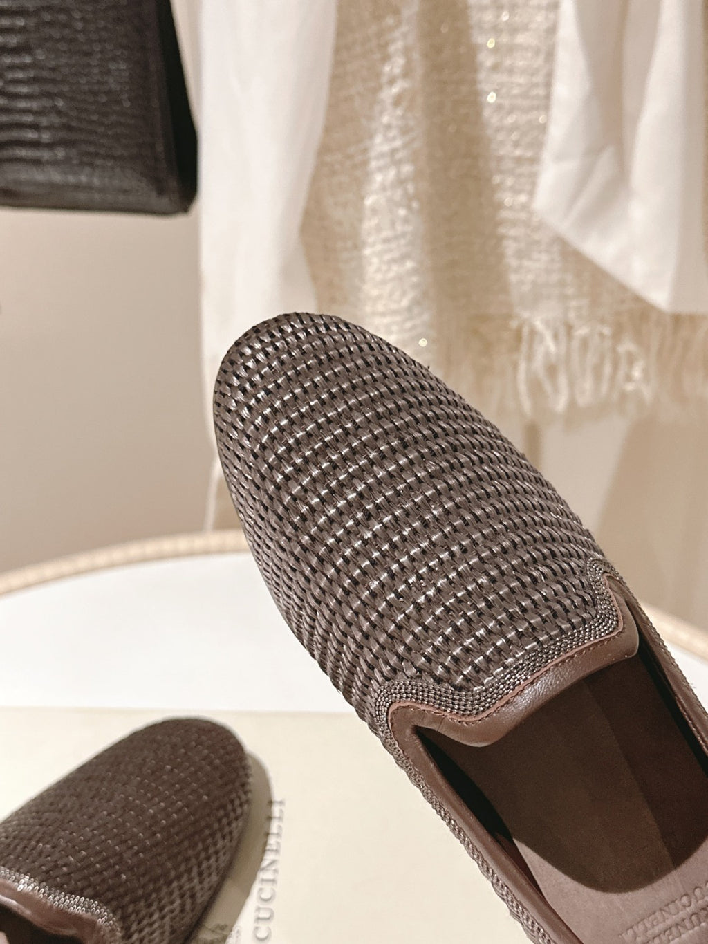 Brunello Cucinelli Women's Techno Raffia Slippers With Precious Trim Round Toe Solid Color Single Shoes Sheepskin Tassel Embellished Four Seasons Casual Flats Shoes Ngvp #1537