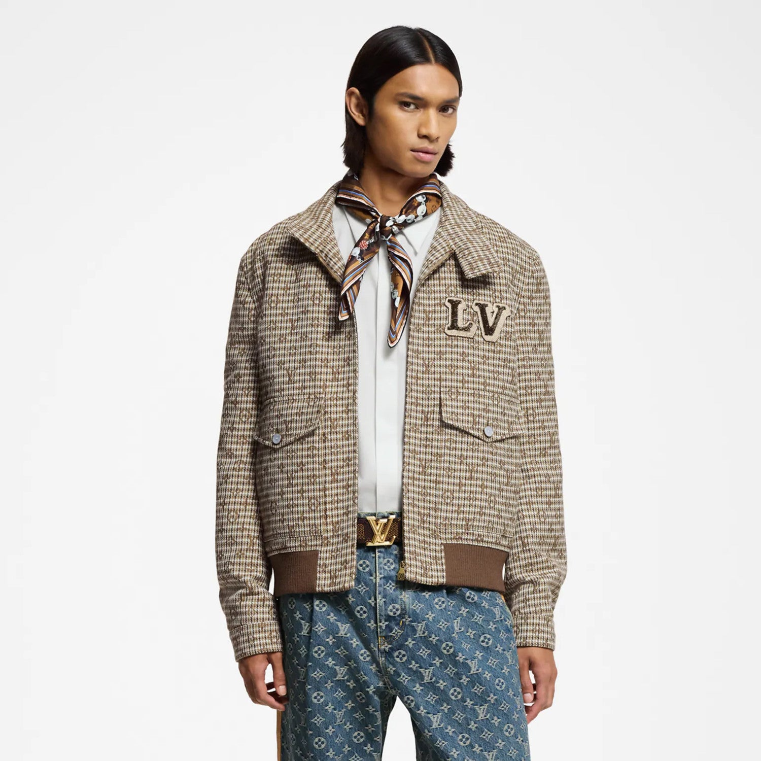Louis Vuitton Men's Spring Autumn Monogrammed Jacquard Wool Harrington Blouson Zipper Long Sleeve Jacket #71837