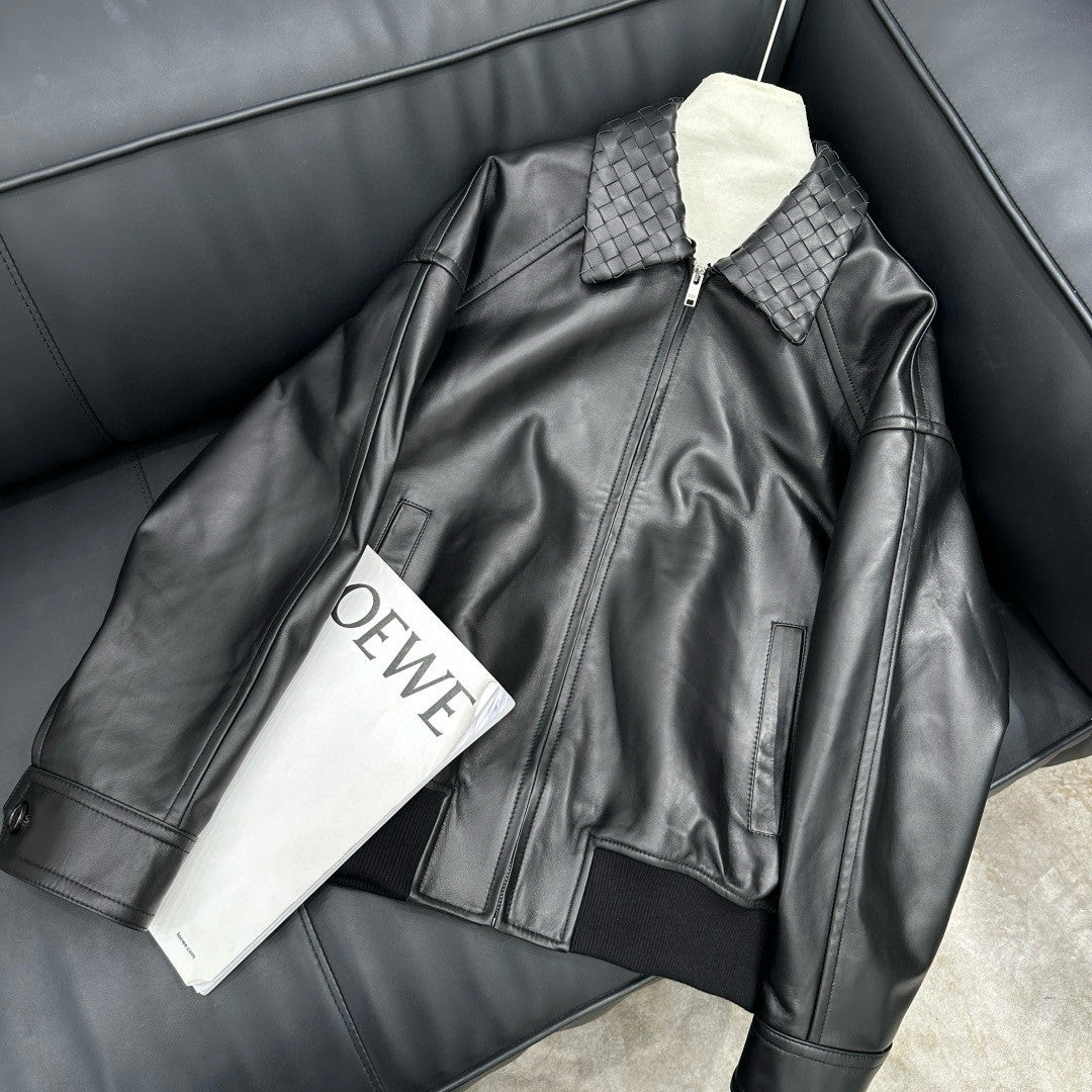 Bottega Veneta Men's Spring And Autumn Woven Lapel Zipper Solid Color Leather Long Sleeve Jacket Ngvp #1412