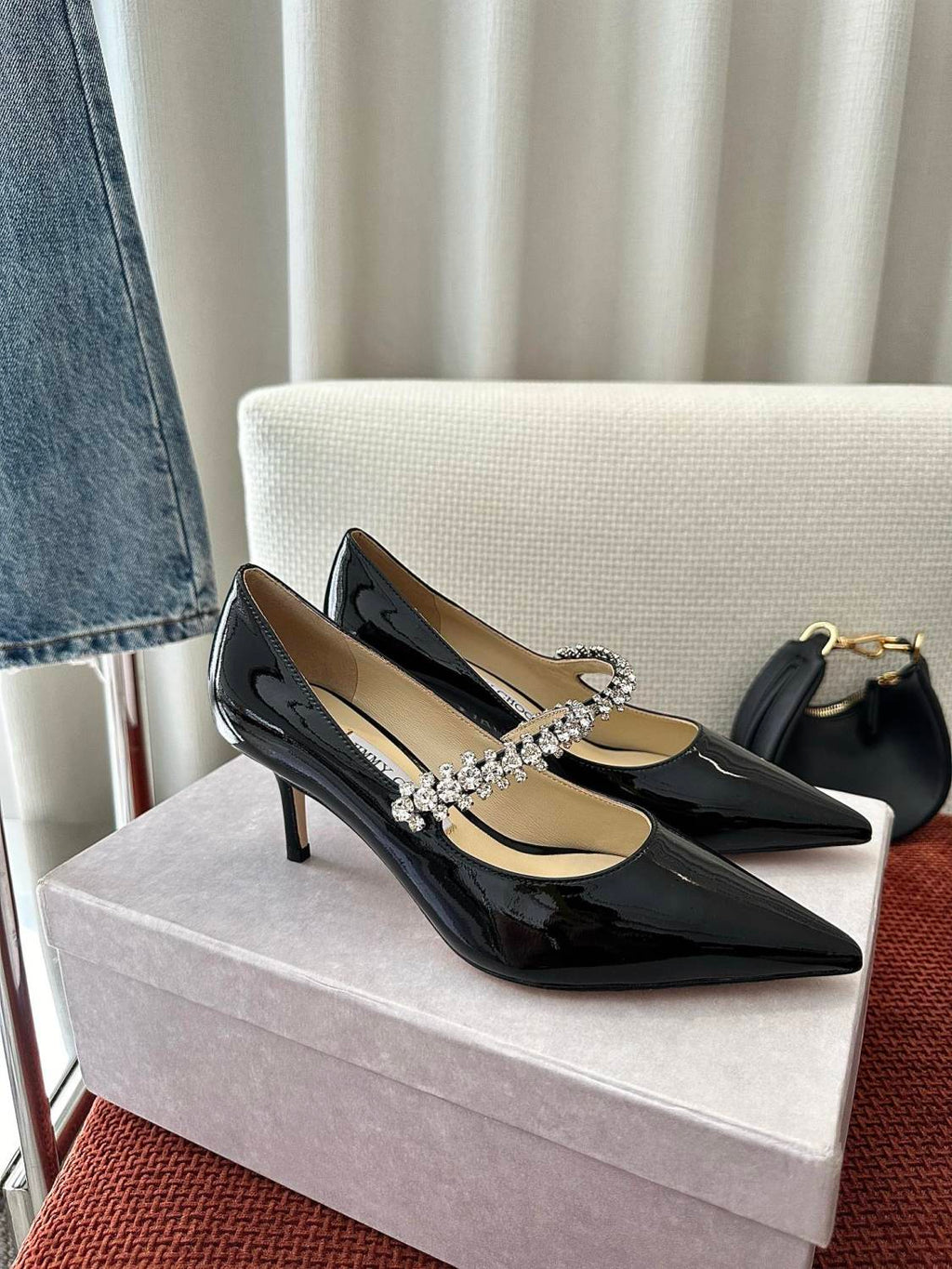 JIMMY CHOO BING PUMP 65 Women's Summer Solid Color Crystal Decorated Patent Leather High Heels Shoes #77334