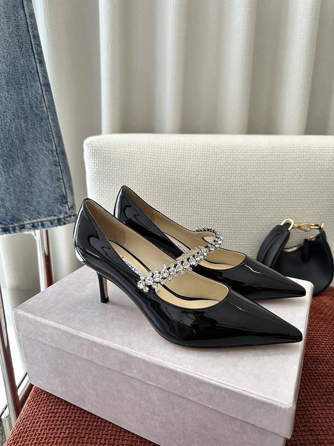 JIMMY CHOO BING PUMP 65 Women's Summer Solid Color Crystal Decorated Patent Leather High Heels Shoes #77334