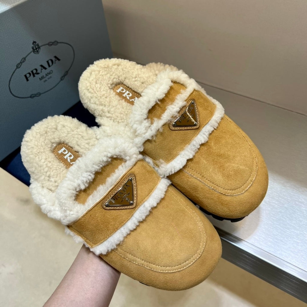 Prada Women's Fall/Winter Fashion Casual Round Toe Open Back Classic Logo Triangle Label Shearling Slippers Shoes #79521