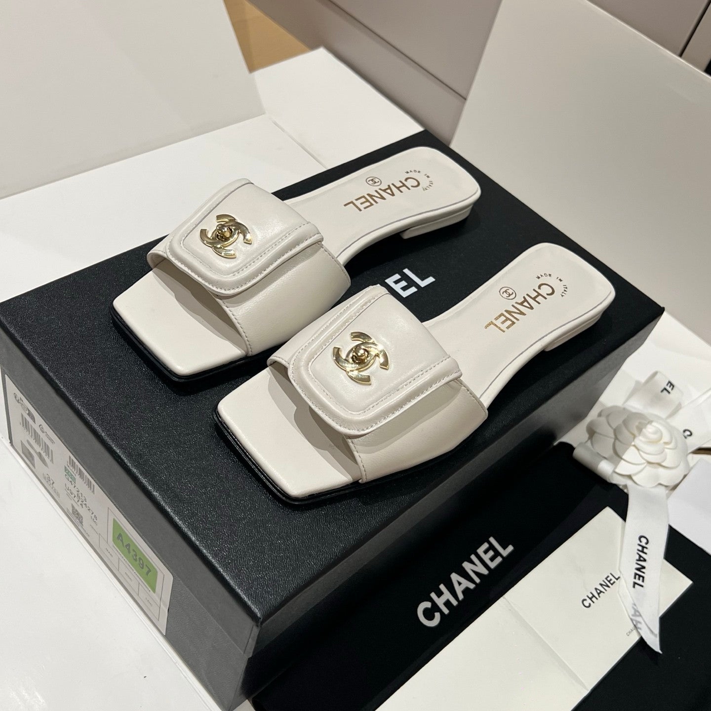 Chanel Gold Lock Square Toe Slippers #379298