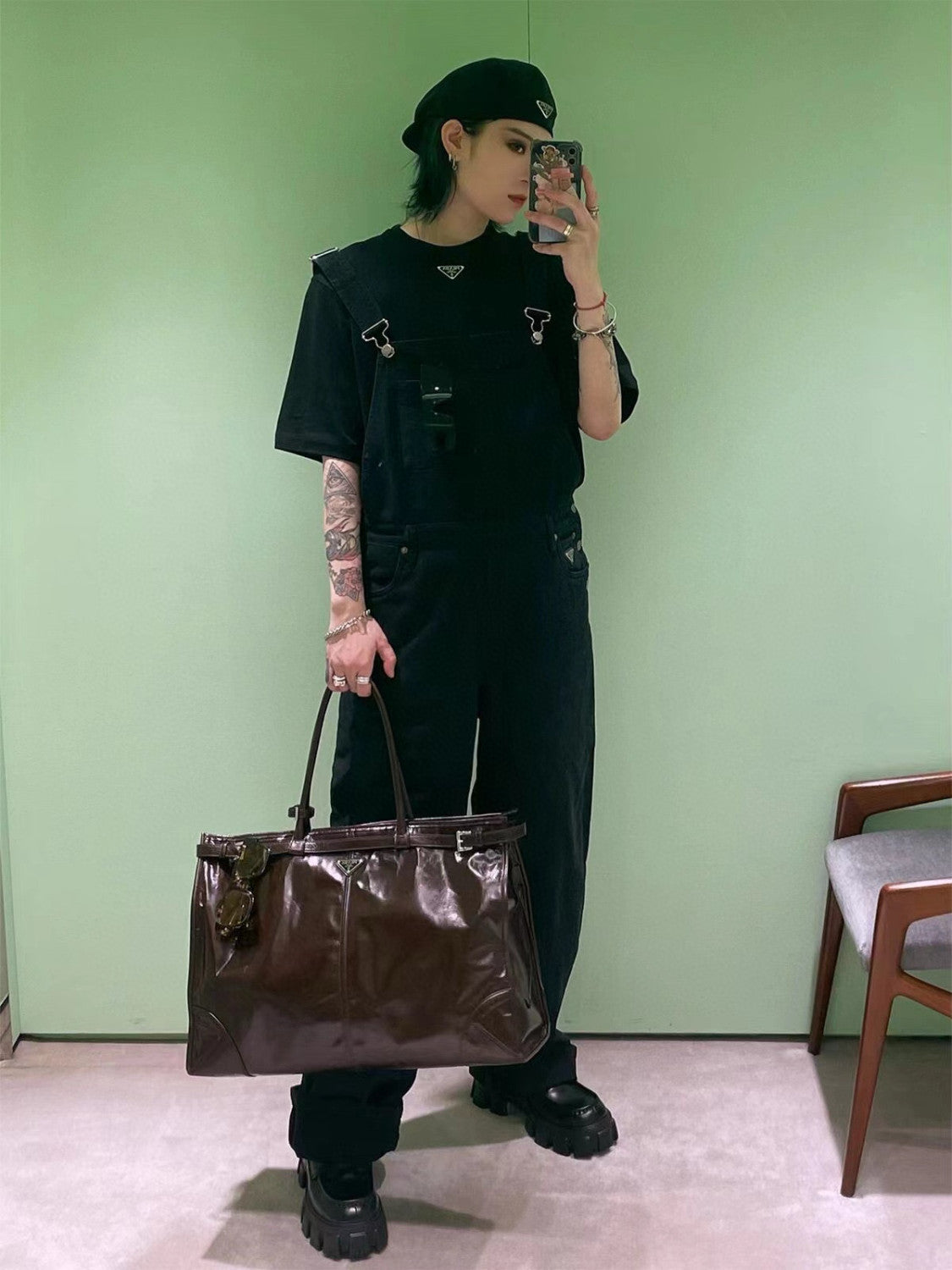 PRADA (42CM) LusGolf Oiled Leather 1BA439 Extra Large Portable Crossbody Bags Shoulder Bag Handbag #194092
