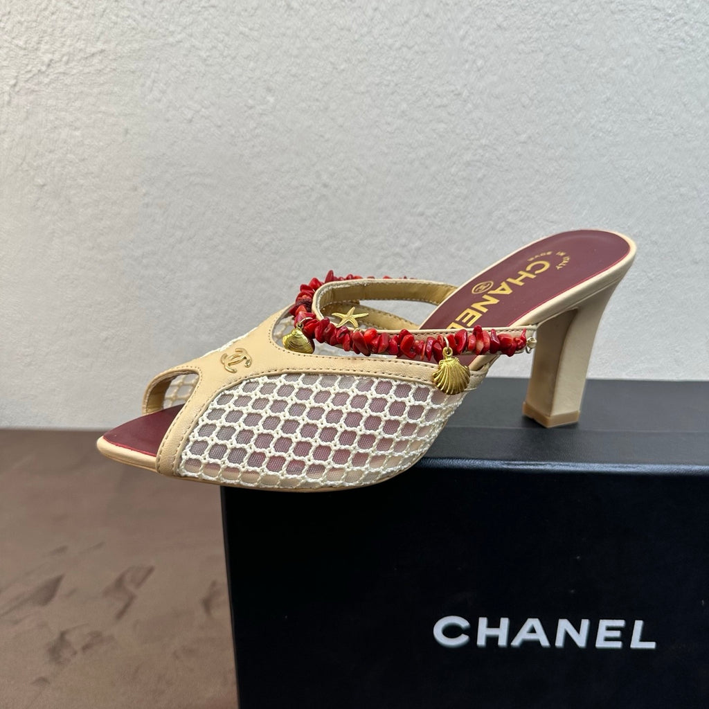 CHANEL Mules Mesh Cotton Lambskin Resin Metal Black #382390