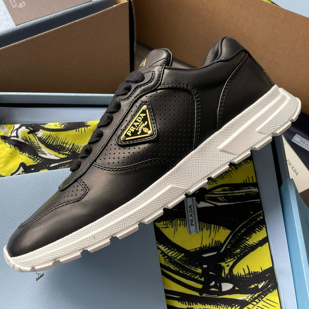 Prada Men's And Women's Spring/Summer Fashion Casual Round Toe Lace Up Enamel Triangle Metal Logo Leather Low Top Casual Sneakers  Shoes #78337