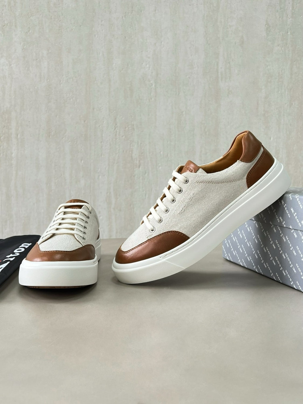Kiton Men's Four Seasons Colour Block Canvas Leather Low Top Flat Lace Up Casual Shoes #76987