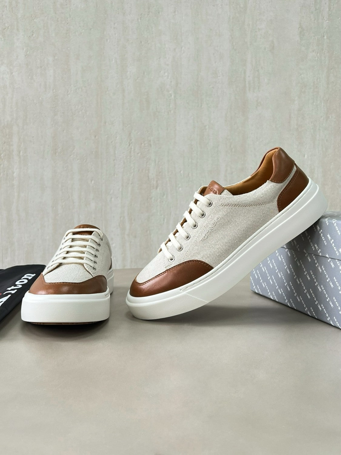 Kiton Men's Four Seasons Colour Block Canvas Leather Low Top Flat Lace Up Casual Shoes #76987