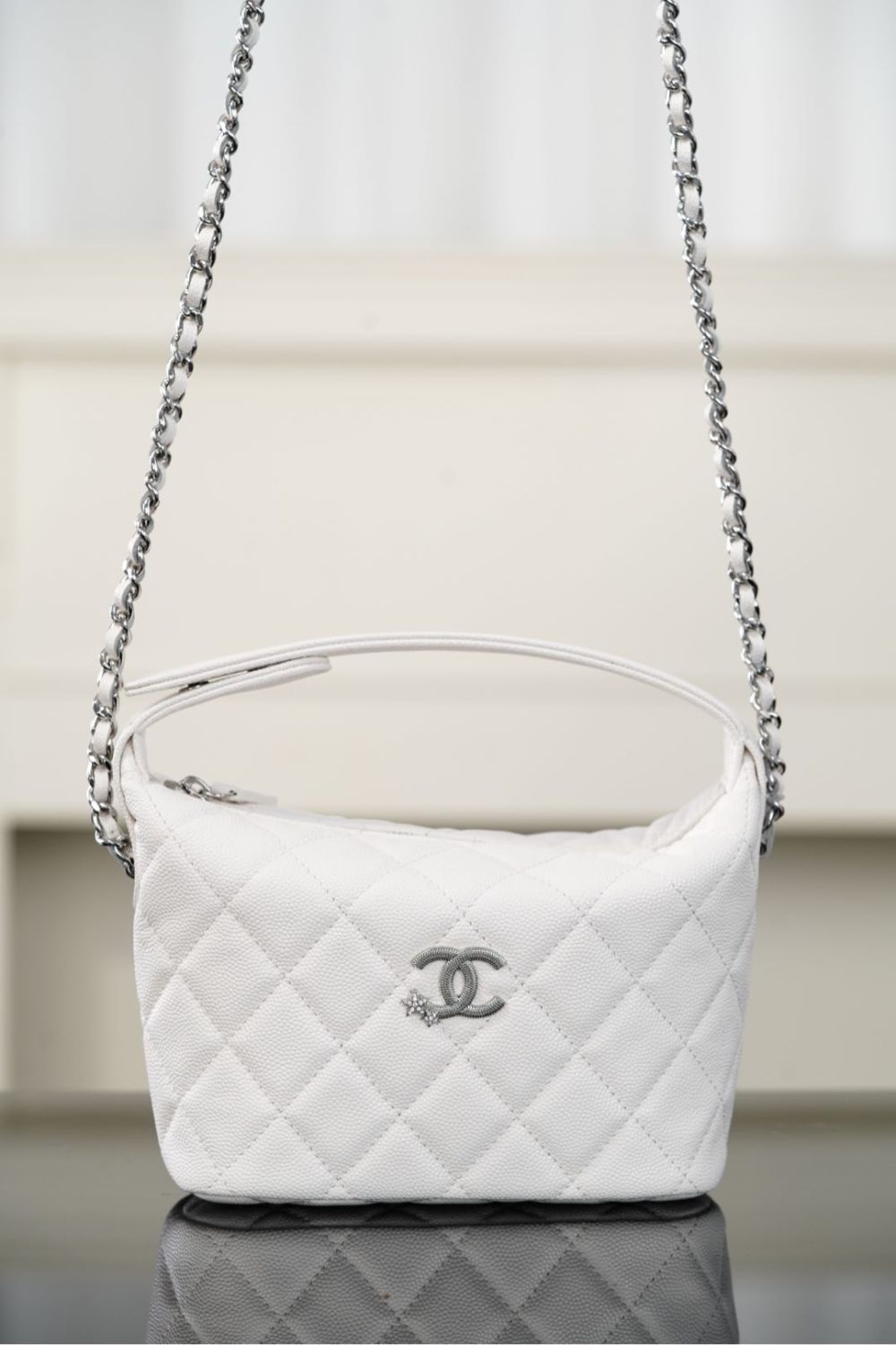 Chanel 25B Silver Buckle Star Double C Lunchbox Bag Single-Shoulder Crossbody Tote Hobo Bag Fashionable White Chain Handbag Bags #193527