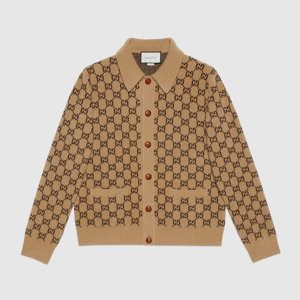 Gucci Men's Spring And Fall Khaki Monogrammed Single Breasted Wool Knit Long Sleeved Cardigan Jacket #73726