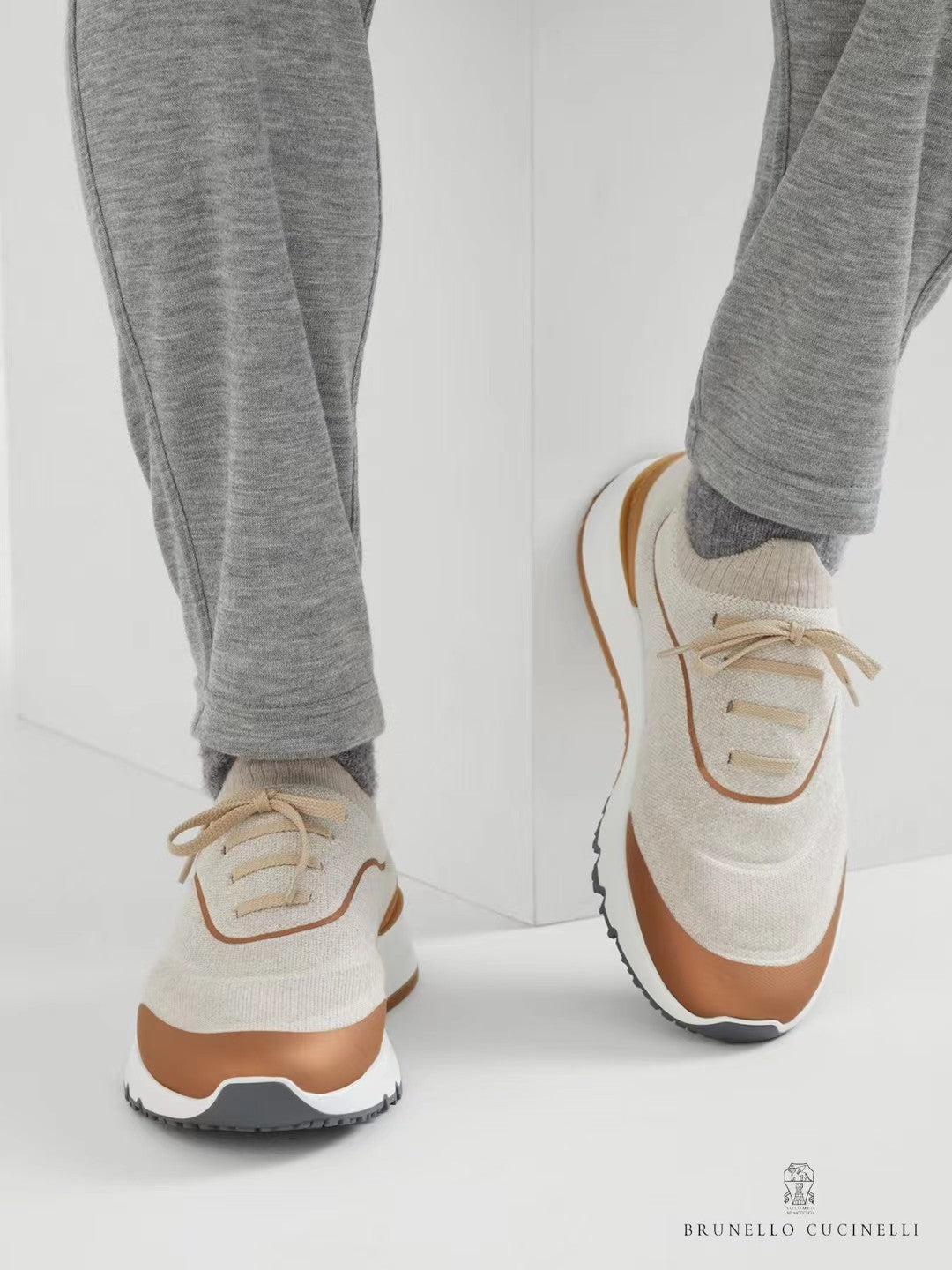 Brunello Cucinelli Men's Four-Season Techno Cotton Knit Runners With Heat-Bonded Details Solid-Color Low-Top Thick-Sole Sneakers Casual Shoes Ngvp #2712