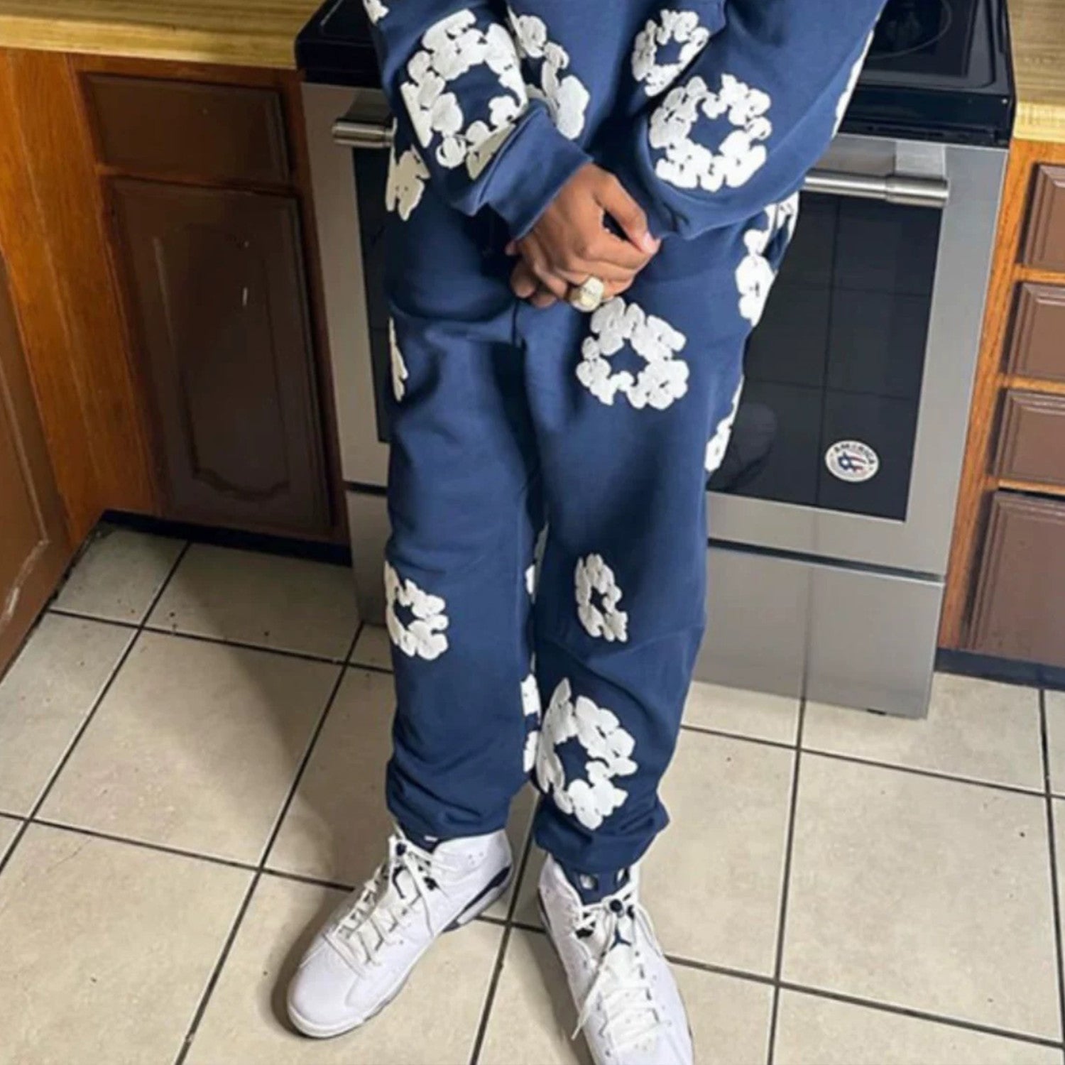 Denim Tears Men's And Women's Spring And Autumn Fashion Trends High Street Kapok Flower Casual Cotton Ribbed Loose Pants Ngvp #8877
