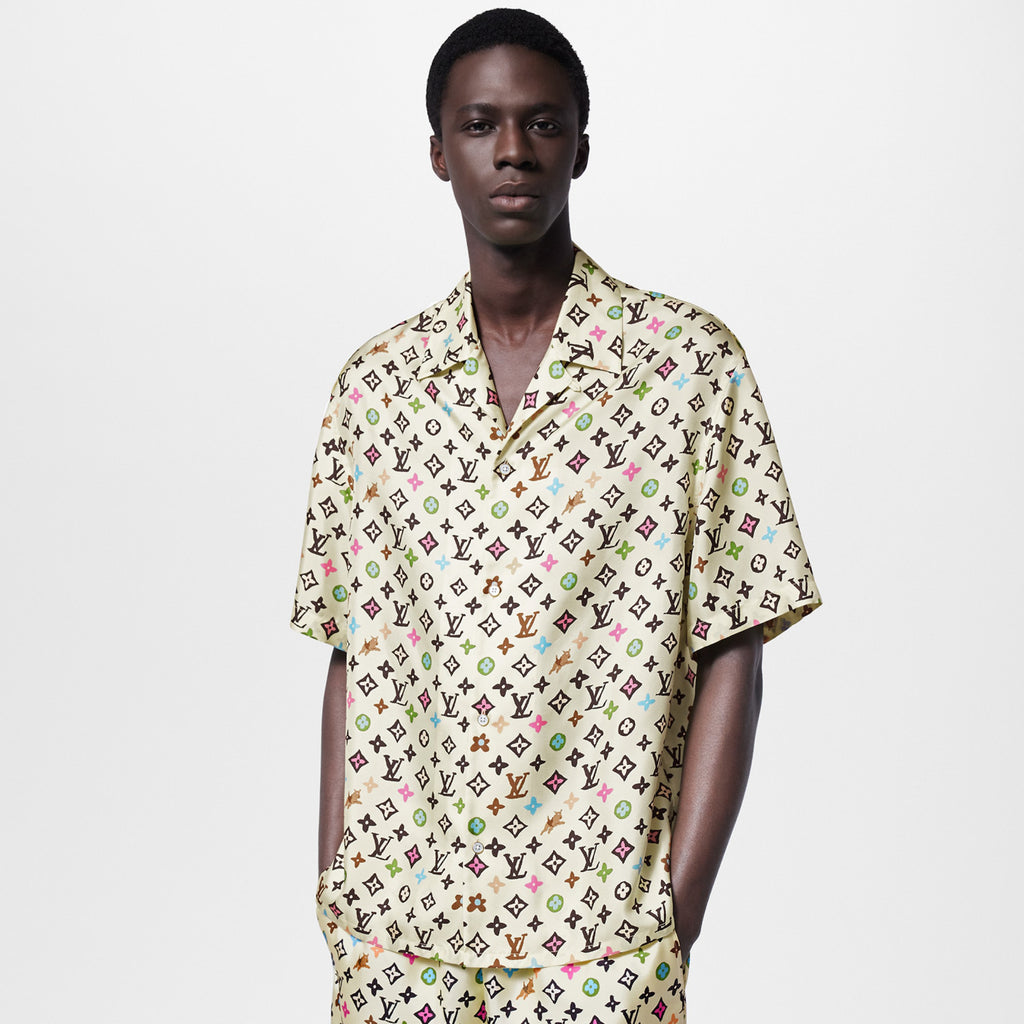 Louis Vuitton Men's Summer Logo Full Print Single Breasted Silk Short Sleeve Shirt #99595