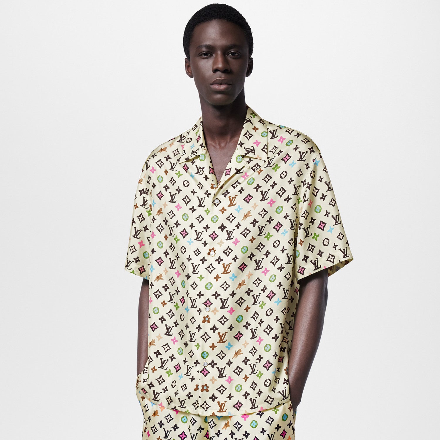 Louis Vuitton Men's Summer Logo Full Print Single Breasted Silk Short Sleeve Shirt #99595