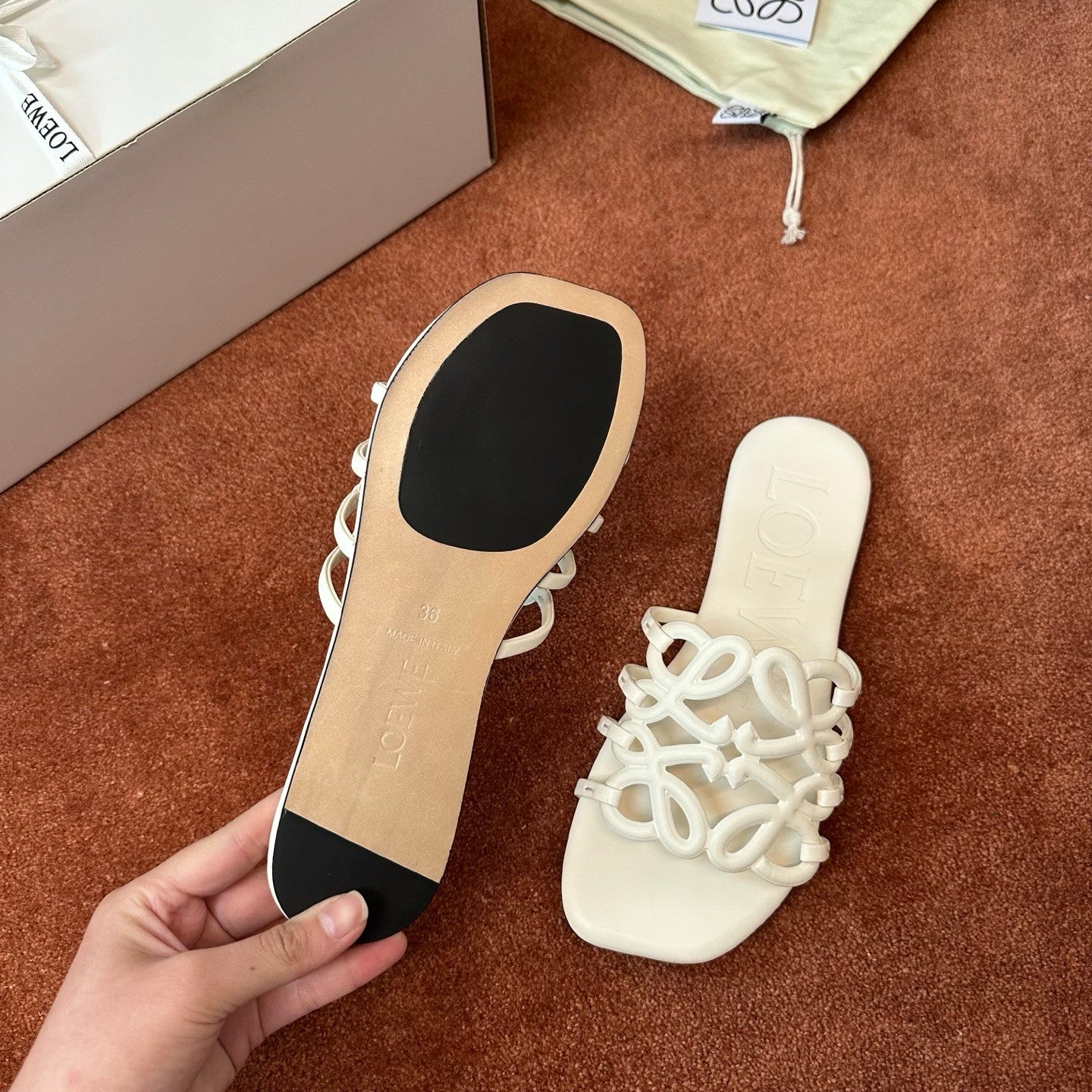 LOEWE Women's Summer Solid Colour Soft Cow Leather Petal Anagram Sandals Slippers Shoes #76752