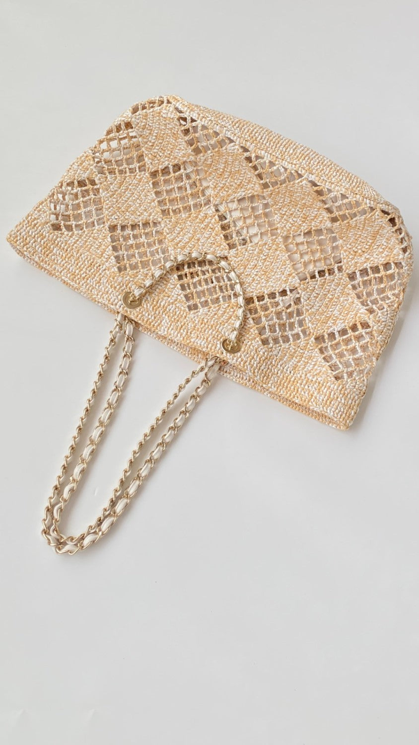 Chanel Women's CoCo Beach Collection Woven Shopper Solid Color Gold Buckle Logo Checkered Casual Tote Bag Bags AS4576-B15546-NW424 #81292