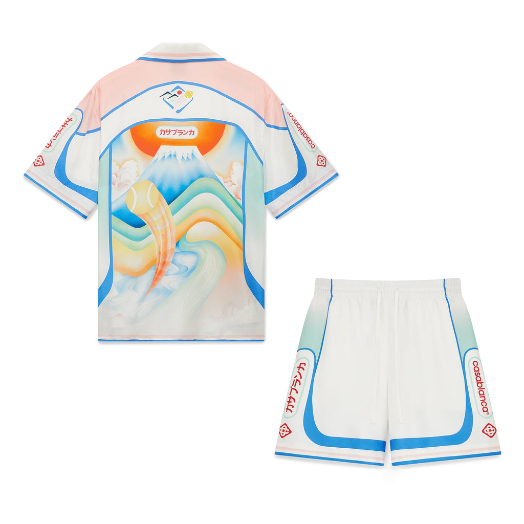 Casablanca Men's Summer Fashion Casual Volcano Print Single-Breasted Silk Short Sleeve Shirt with Waist Elastic Silk Shorts Suit Set #78743
