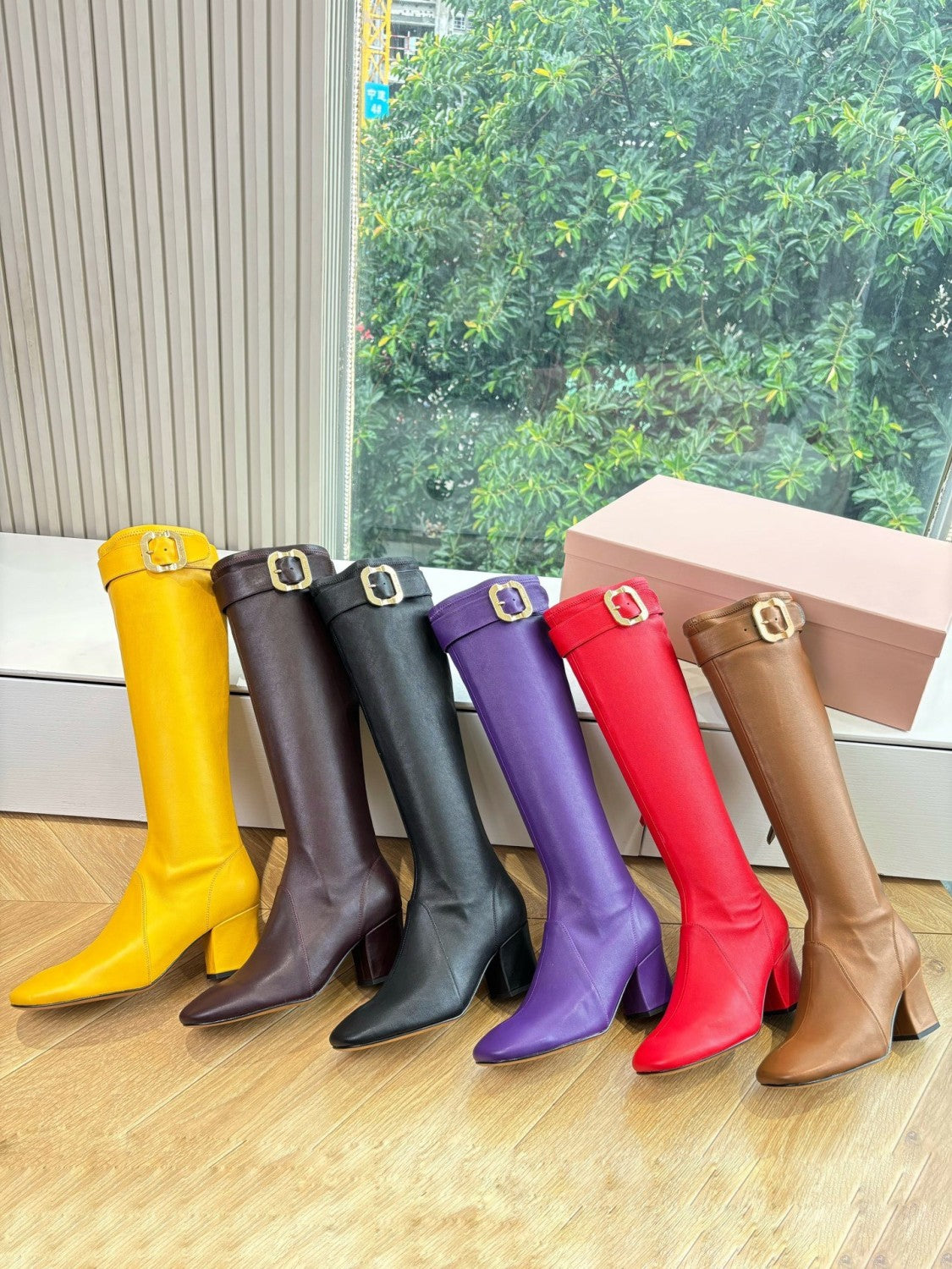 MiuMiu Women's Spring/Fall Fashion Classic Round Toe Cuffed Chunky Heel Solid Color Leather Long Boots Shoes#78718